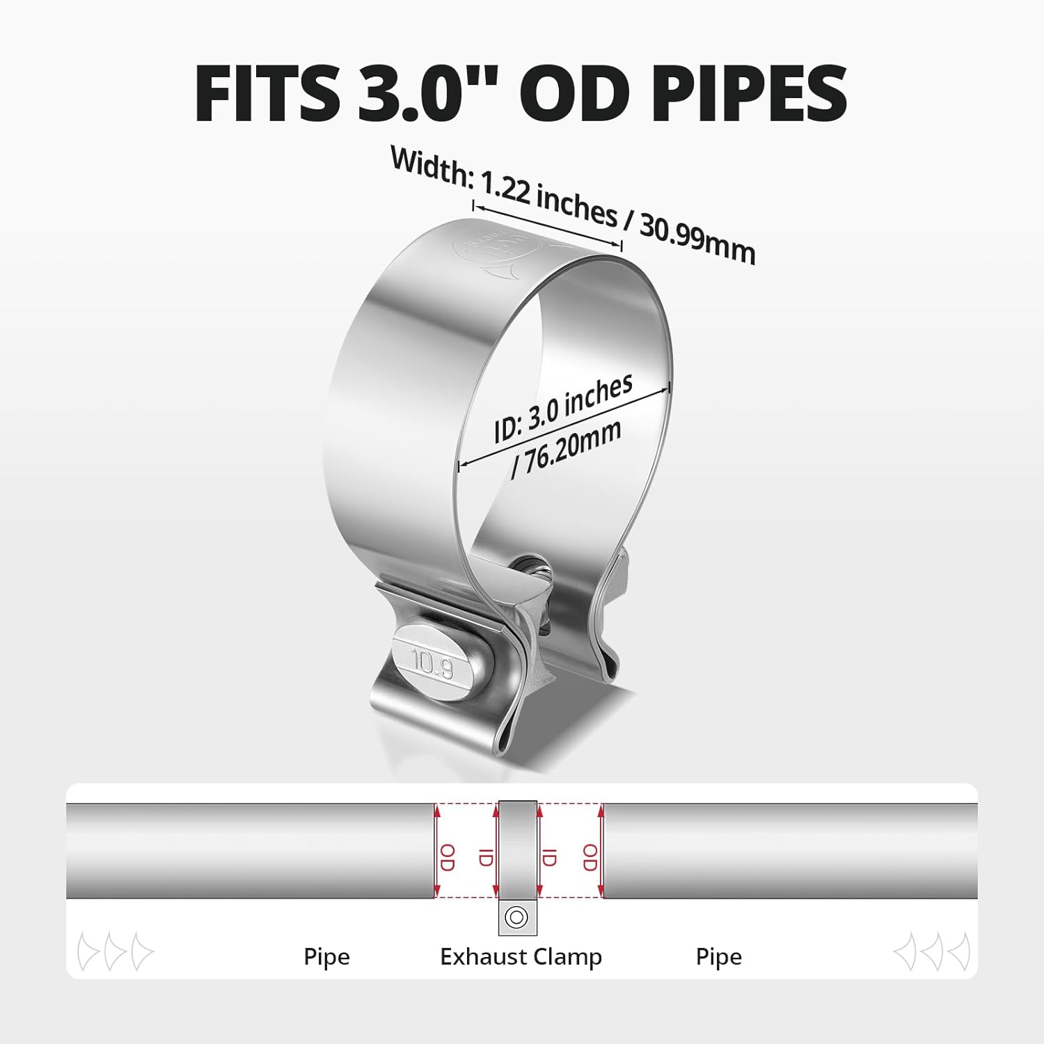 3.0 Inch Exhaust Clamp, Narrow Band Muffler Clamp Stainless Steel for Pipes, Mufflers, Catalytic Converters