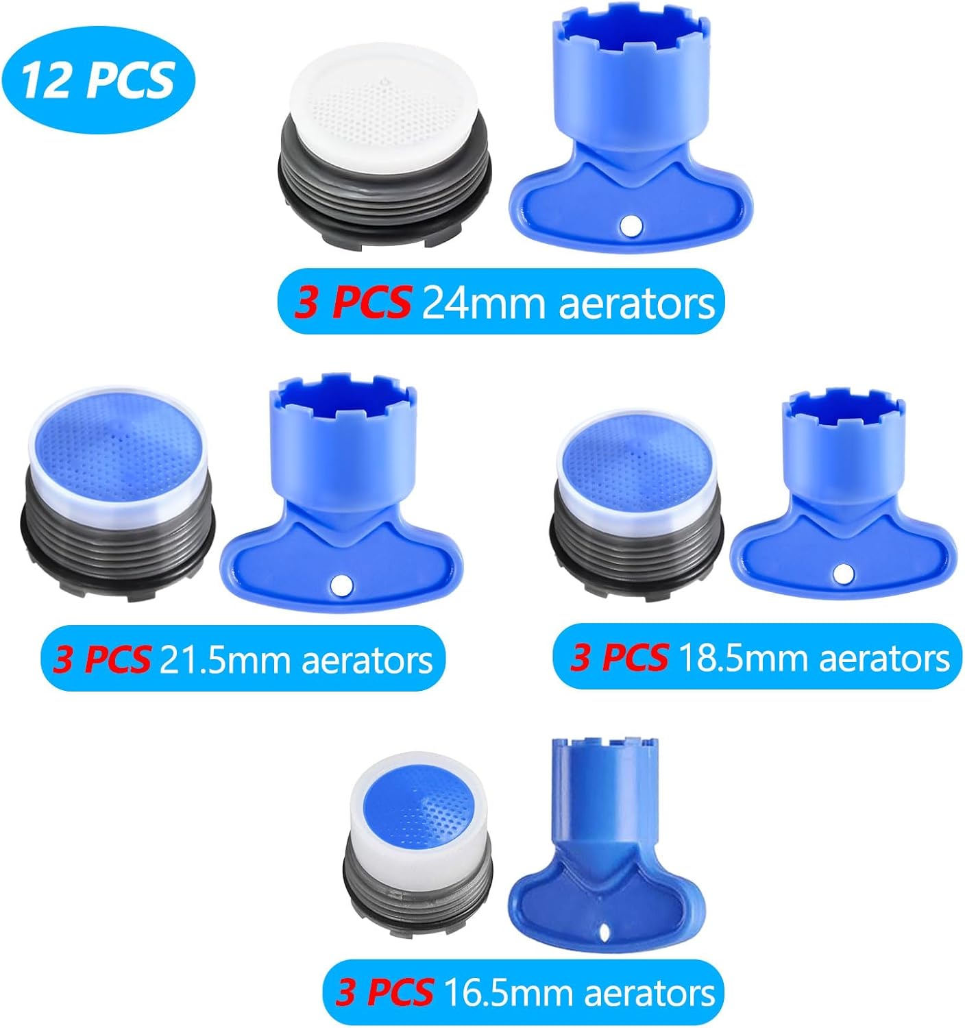 12 PCS Faucet Aerator Set, M16.5, M18.5, M21.5, M24, Kitchen & Bathroom Sink Aerator Replacement with Key Removal Wrench Tool