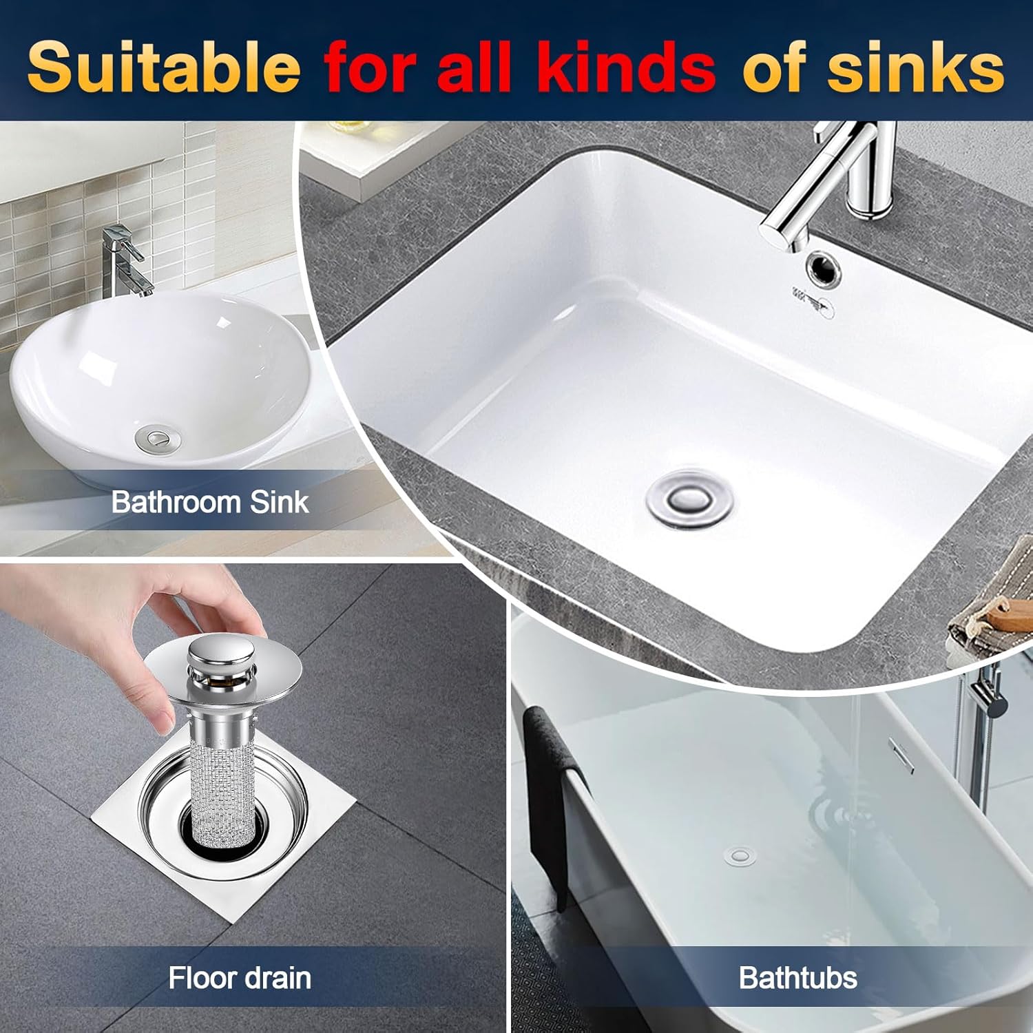 Bathroom Sink Drain Strainer, Pop Up Sink Drain Filter with Removable Stainless Steel Filter Basket Hair Catcher, Bathroom Sink Drain Stopper, for Us Bathroom Sink Stopper Replacement 2pcs