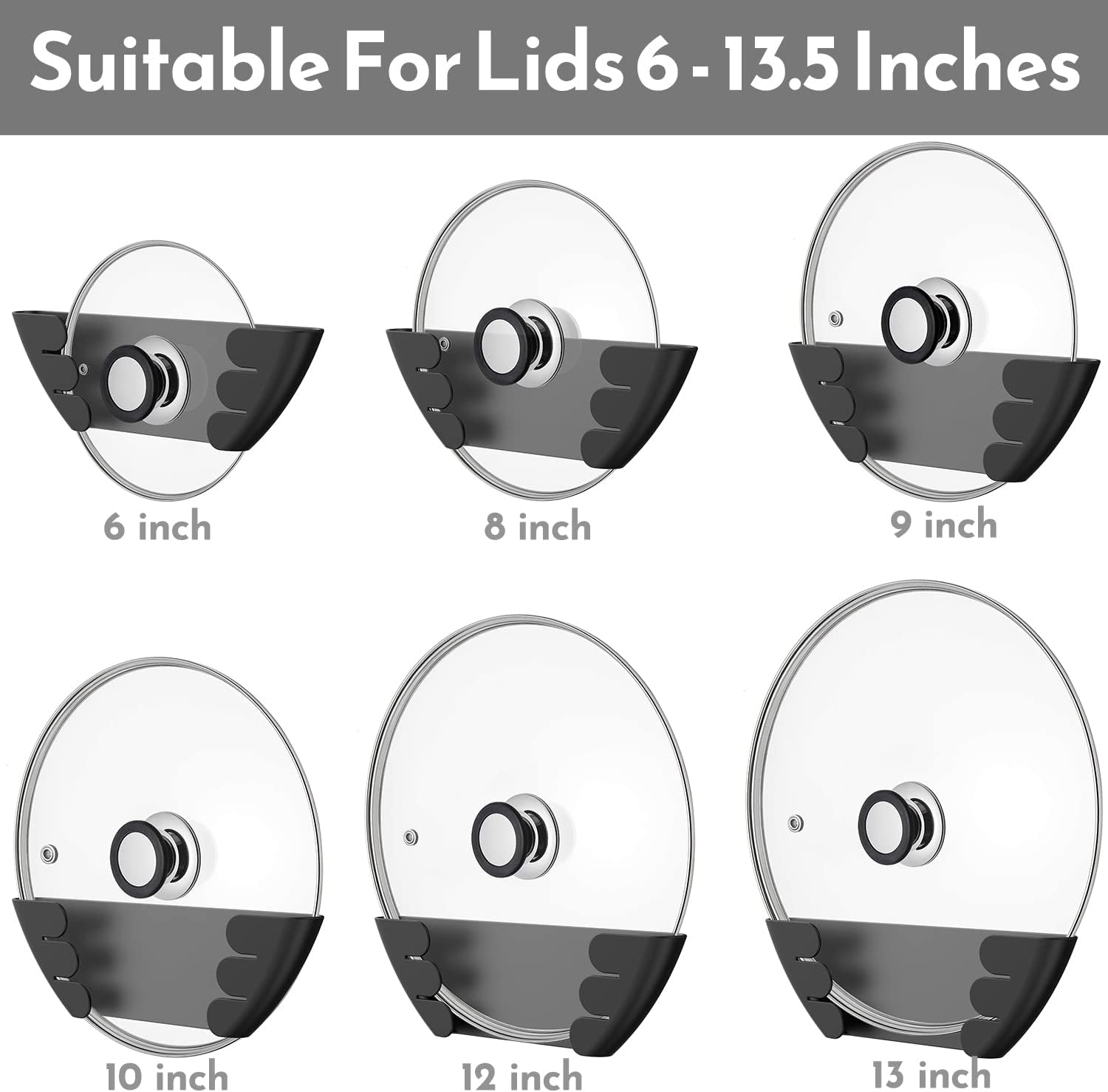 Universal Pot Lid Organizer for Cabinet - Upgraded Patented 6 Pack Pan Lids Organizers Inside Door Wall Mount Pots Top Storage Rack Holder Kitchen, Fits 6" to 13" Black