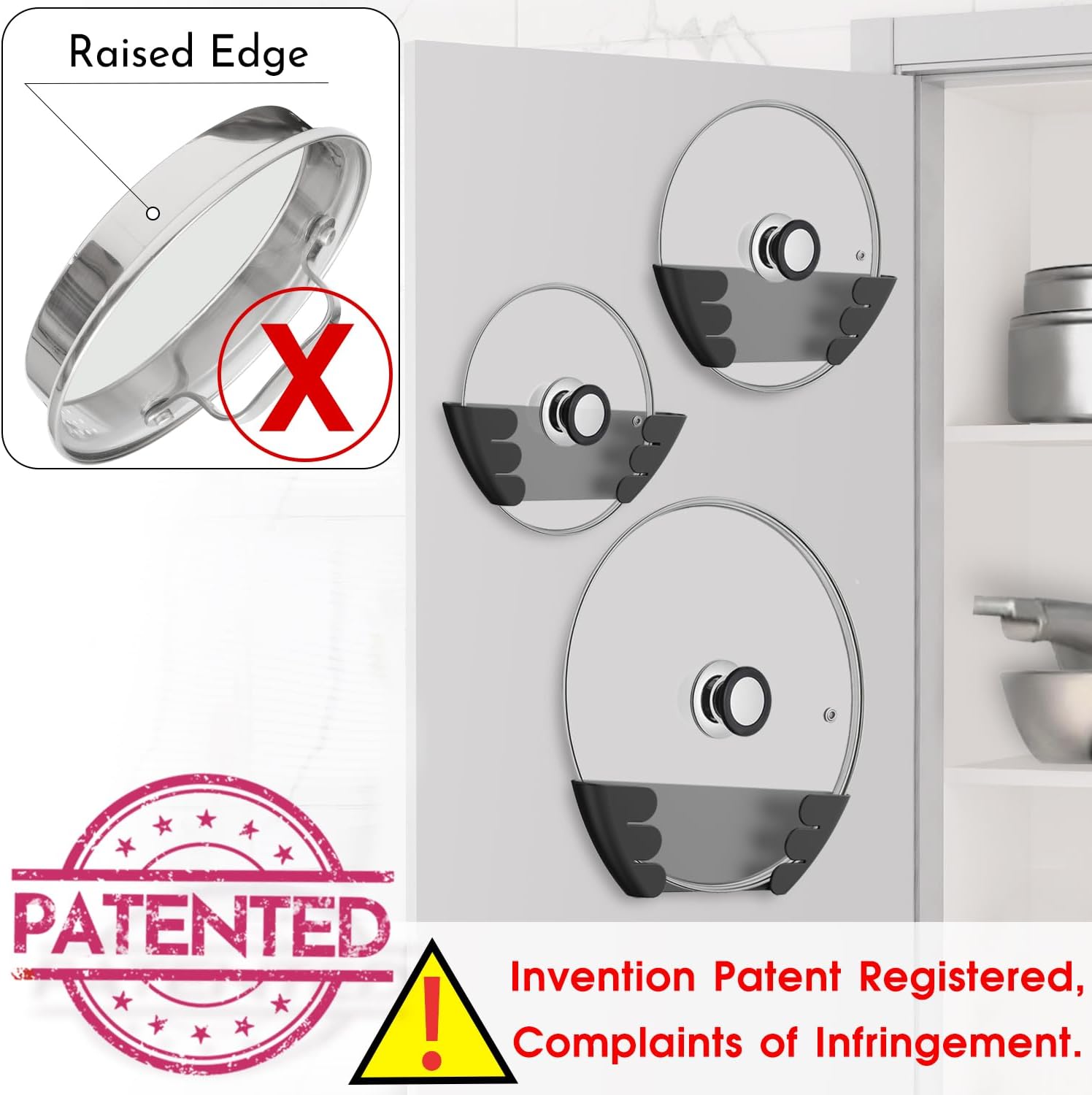 Universal Pot Lid Organizer for Cabinet - Upgraded Patented 6 Pack Pan Lids Organizers Inside Door Wall Mount Pots Top Storage Rack Holder Kitchen, Fits 6" to 13" Black