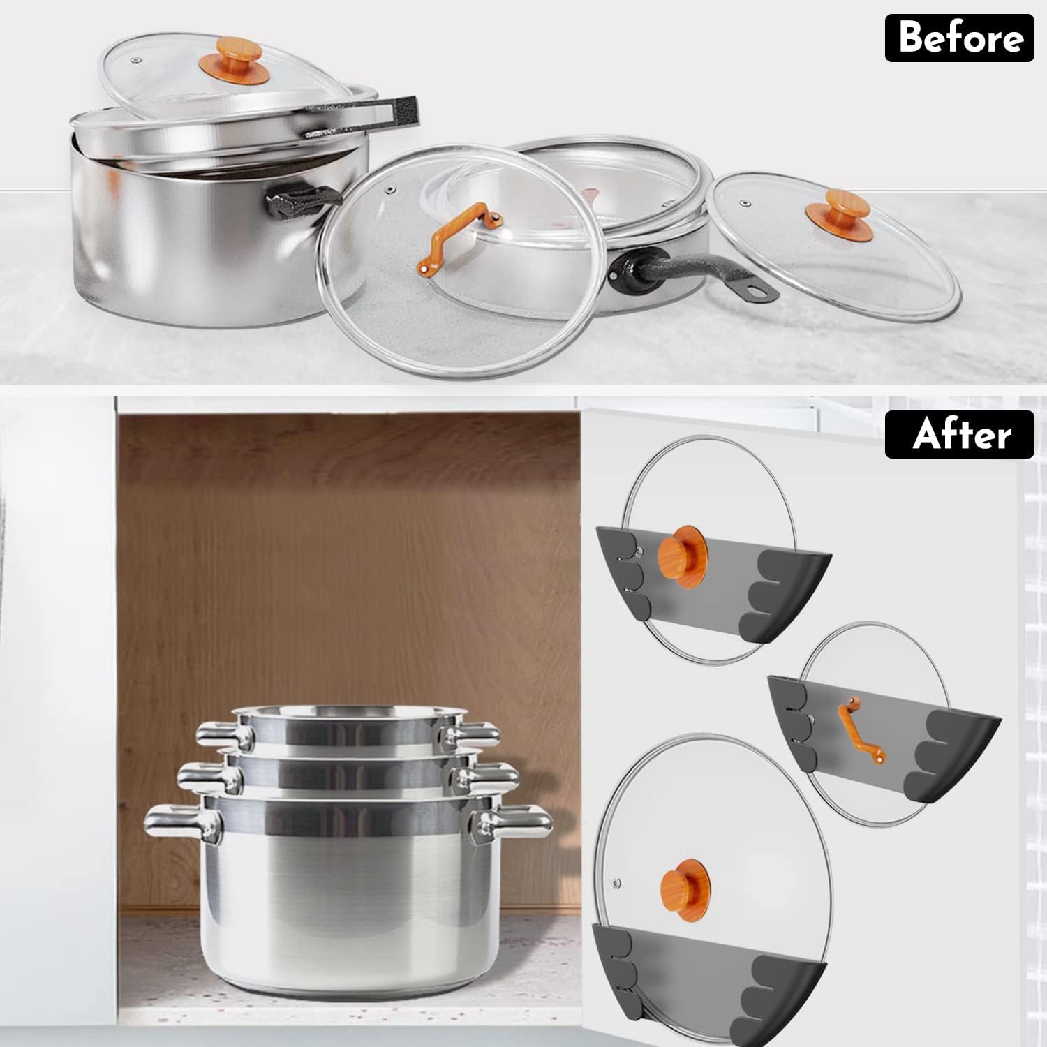 Universal Pot Lid Organizer for Cabinet - Upgraded Patented 6 Pack Pan Lids Organizers Inside Door Wall Mount Pots Top Storage Rack Holder Kitchen, Fits 6" to 13" Black