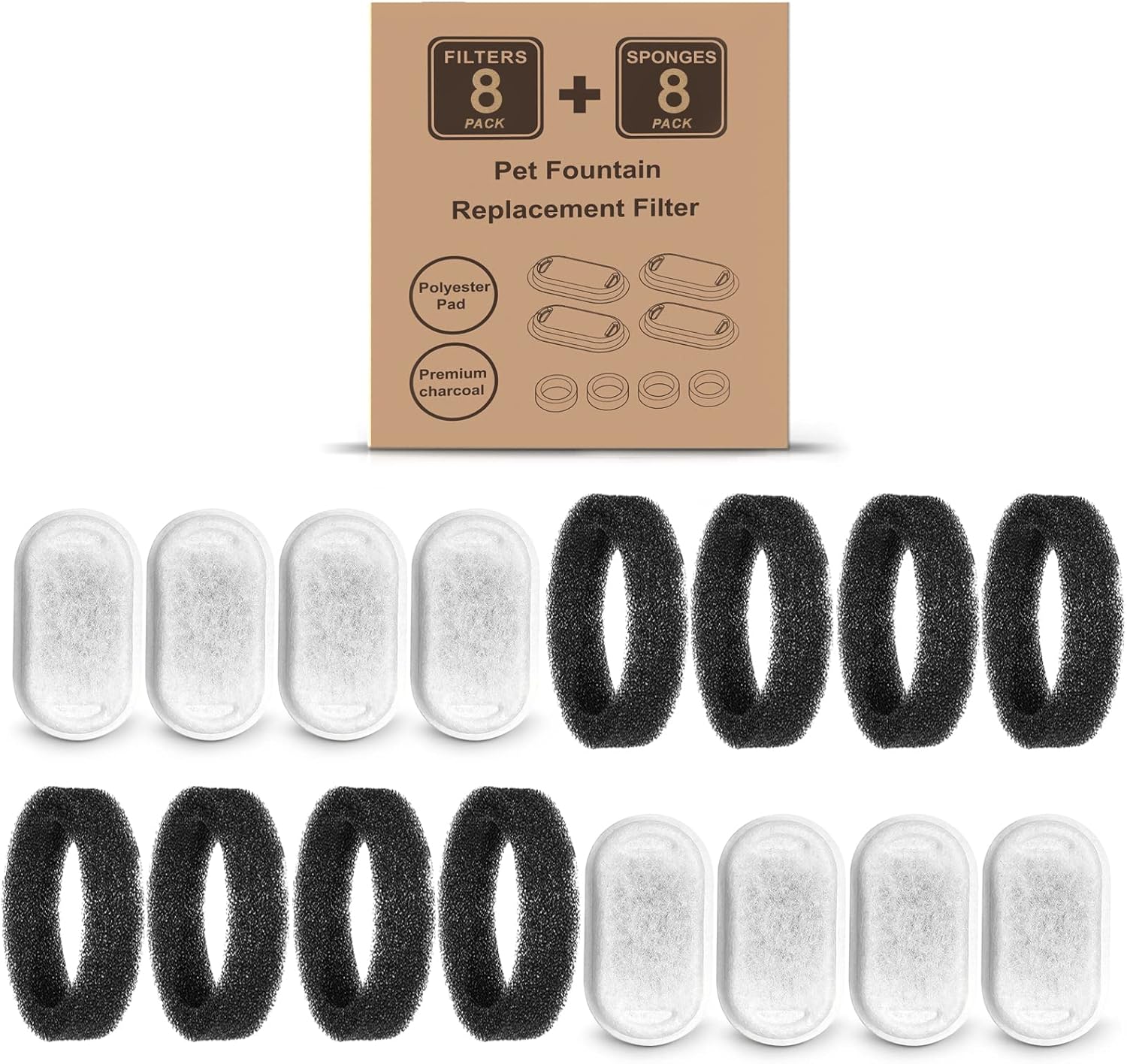 Cat Water Fountain Filters for 108/3.2L& 67oz/2L Stainless Steel Pet Water Dispenser Fountain Filter Replacement with 8 Sponges 8 Filters&8 Sponges