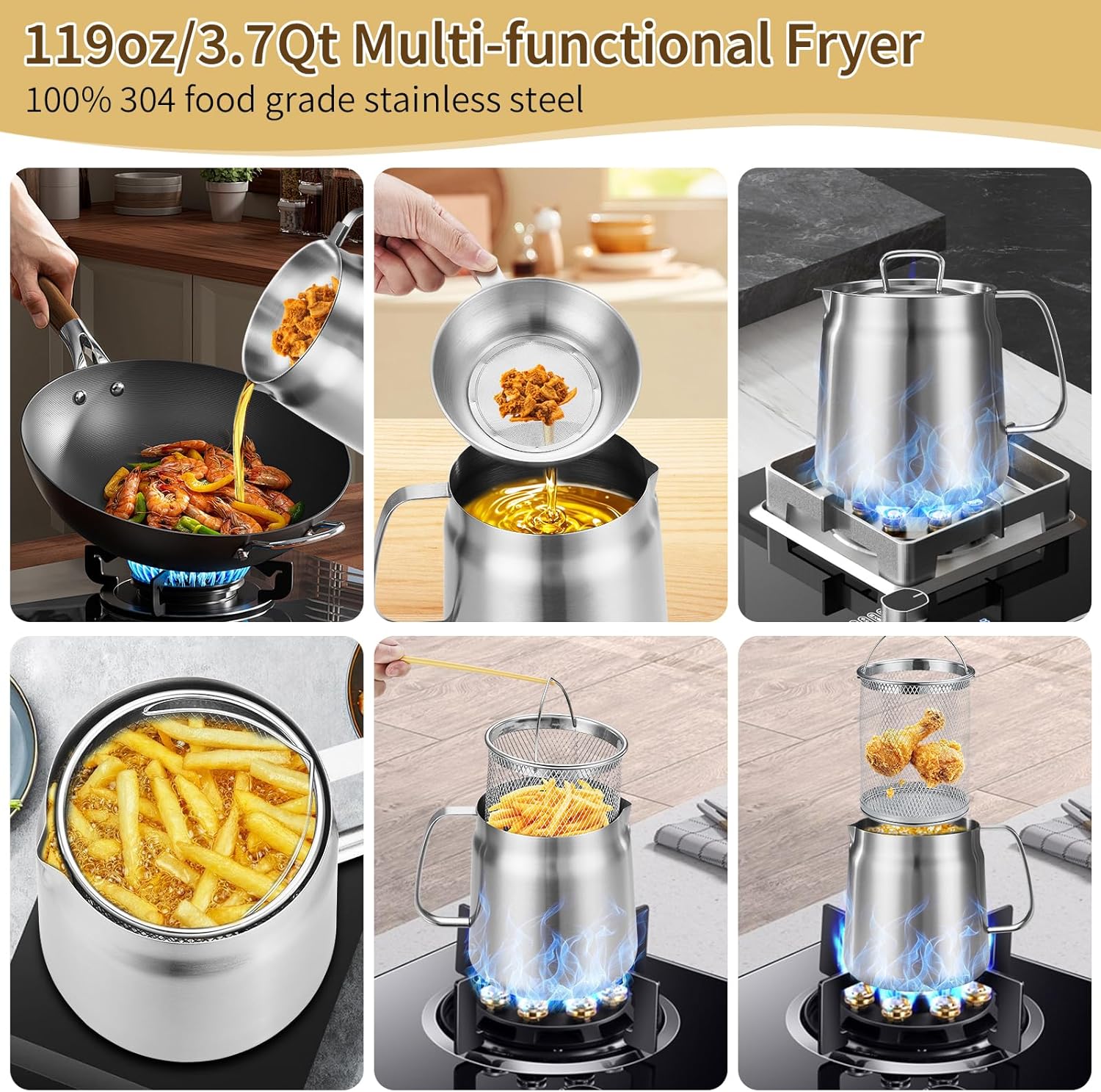 119oz 304 Stainless Steel Deep Fryer Pot with Basket & Strainer, Large Capacity Bacon Grease Container for Kitchen,Frying, Cooking, Camping,Oil Filter Container - Dishwasher Safe 119oz/3.5L/3.7Qt