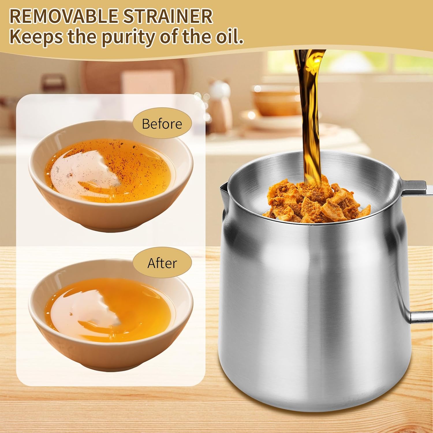 119oz 304 Stainless Steel Deep Fryer Pot with Basket & Strainer, Large Capacity Bacon Grease Container for Kitchen,Frying, Cooking, Camping,Oil Filter Container - Dishwasher Safe 119oz/3.5L/3.7Qt