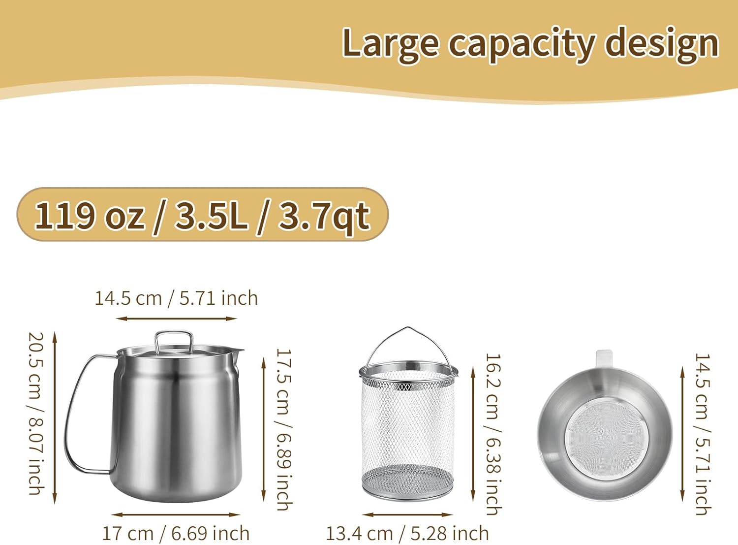 119oz 304 Stainless Steel Deep Fryer Pot with Basket & Strainer, Large Capacity Bacon Grease Container for Kitchen,Frying, Cooking, Camping,Oil Filter Container - Dishwasher Safe 119oz/3.5L/3.7Qt