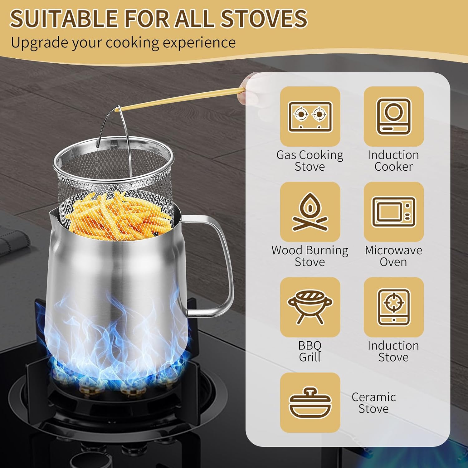 119oz 304 Stainless Steel Deep Fryer Pot with Basket & Strainer, Large Capacity Bacon Grease Container for Kitchen,Frying, Cooking, Camping,Oil Filter Container - Dishwasher Safe 119oz/3.5L/3.7Qt