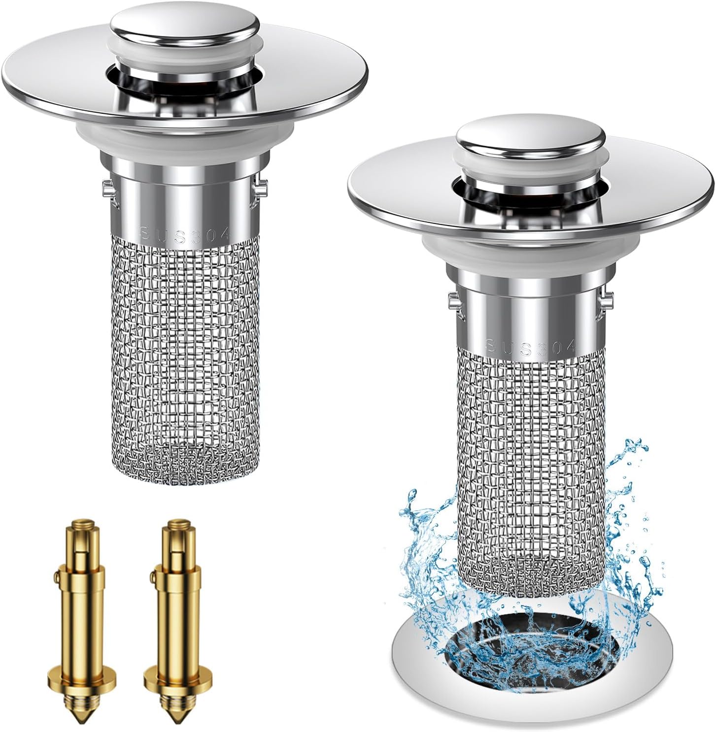 2024 New Pop Up Bathroom Sink Drain Strainer Hair Catcher, Sink Drain Stopper with Removable Stainless Steel Filter Basket,for US Bathroom Sink Stopper Replacement 2PCS