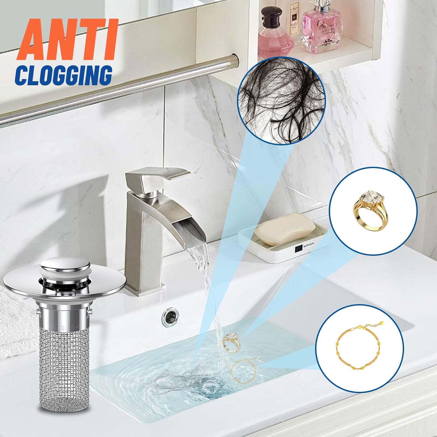 2024 New Pop Up Bathroom Sink Drain Strainer Hair Catcher, Sink Drain Stopper with Removable Stainless Steel Filter Basket,for US Bathroom Sink Stopper Replacement 2PCS