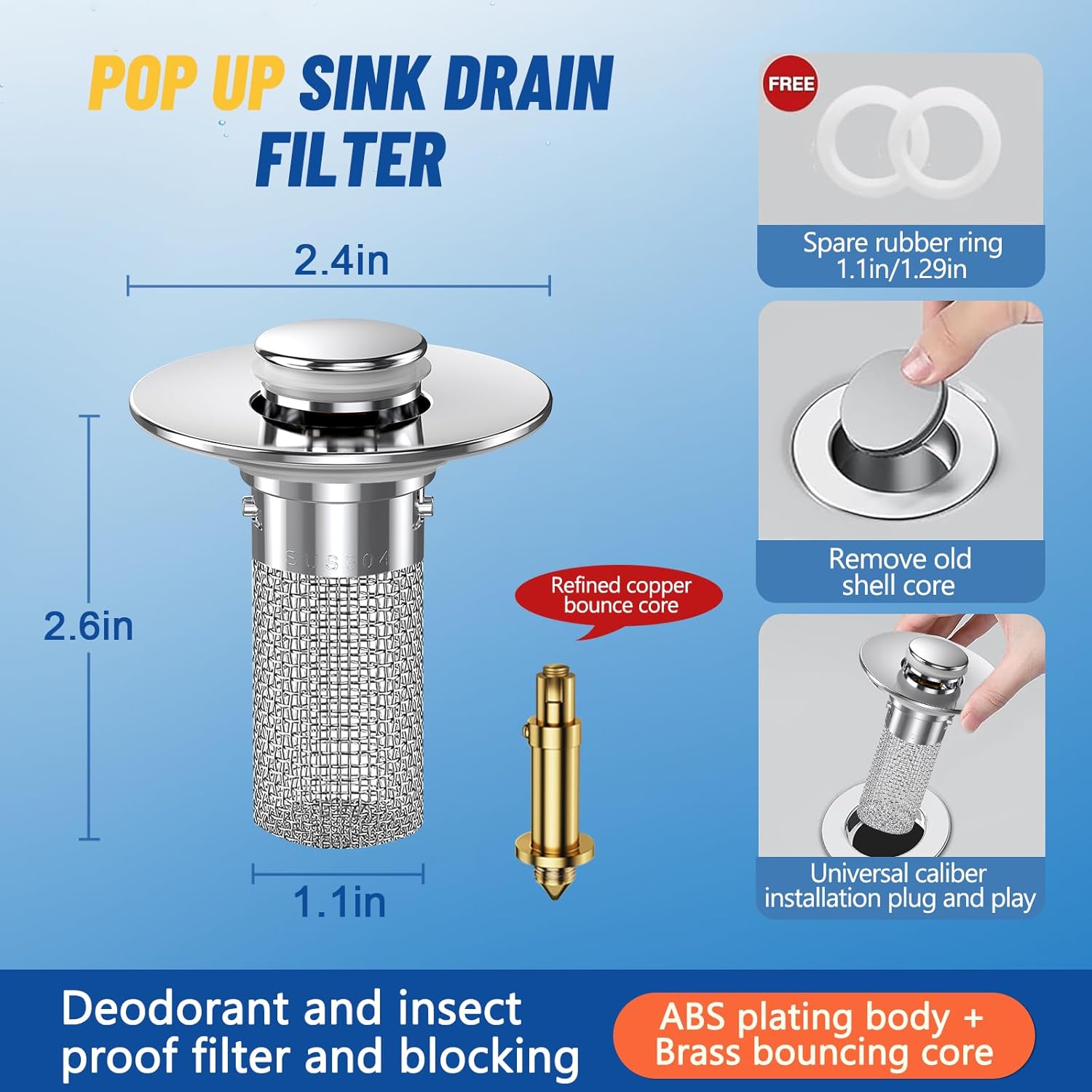 2024 New Pop Up Bathroom Sink Drain Strainer Hair Catcher, Sink Drain Stopper with Removable Stainless Steel Filter Basket,for US Bathroom Sink Stopper Replacement 2PCS