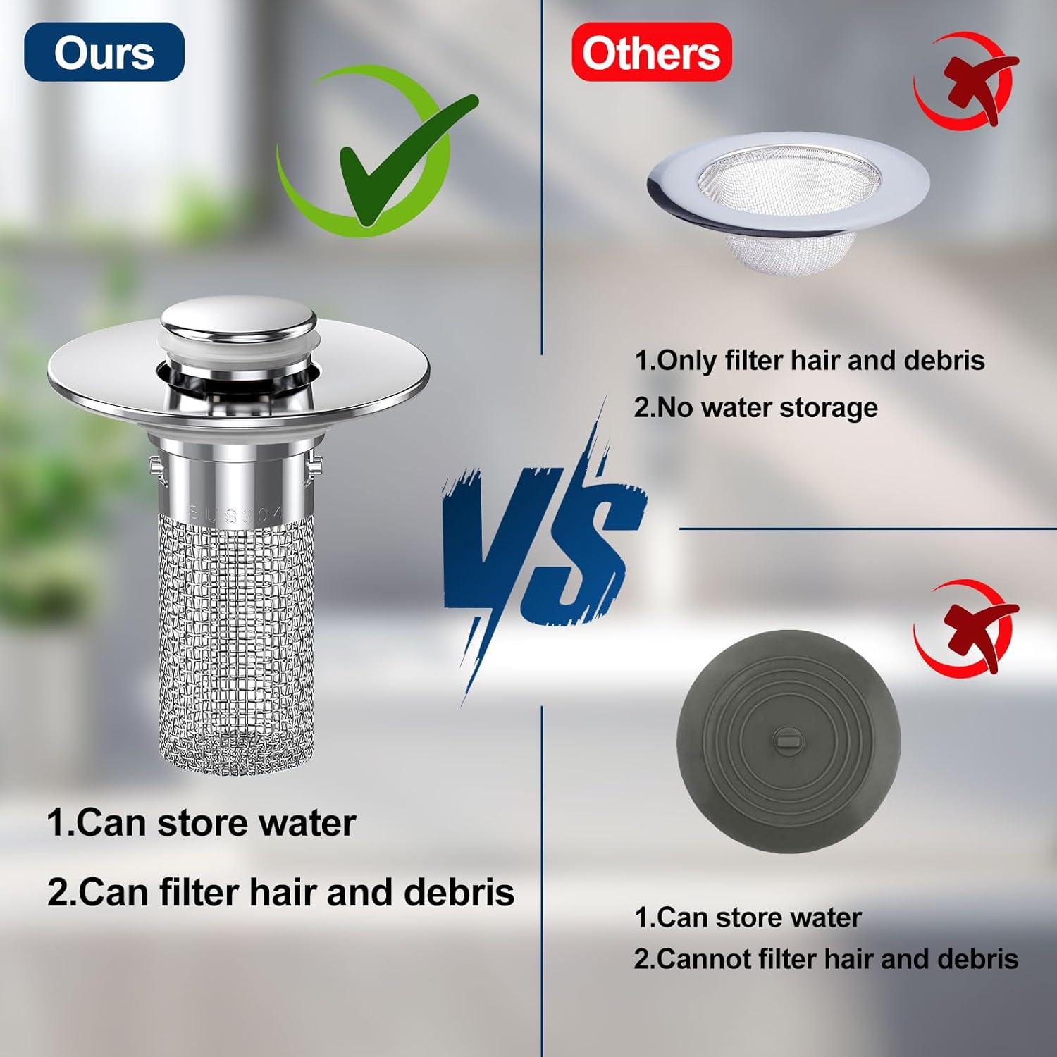 2024 New Pop Up Bathroom Sink Drain Strainer Hair Catcher, Sink Drain Stopper with Removable Stainless Steel Filter Basket,for US Bathroom Sink Stopper Replacement 2PCS