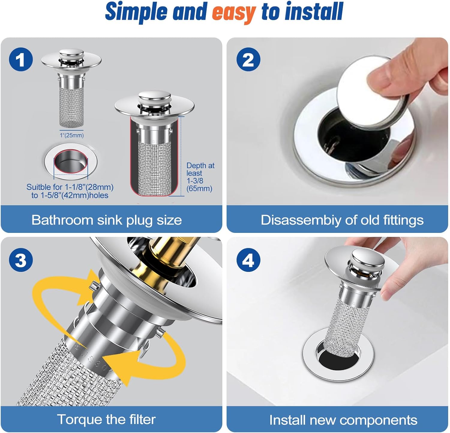 2024 New Pop Up Bathroom Sink Drain Strainer Hair Catcher, Sink Drain Stopper with Removable Stainless Steel Filter Basket,for US Bathroom Sink Stopper Replacement 2PCS