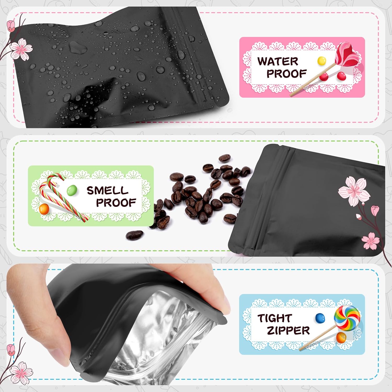 100 Pack Black Mylar Packaging Bags Resealable Bags Double Sided Color Odor Proof Pouch Baggies Smell Proof Foil Bag for Food Storage,Small Business Black,3x4.7inch