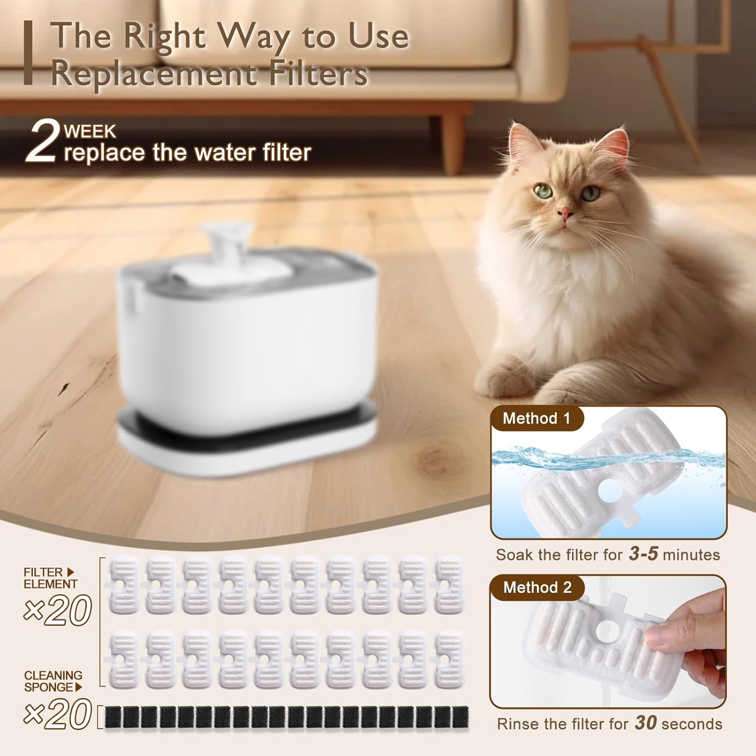 20 Packs Filter Replacement Compatible with Cat Water Fountain PLWF005/PLWF105/PLWF115/PLWF106/PLWF116/PLWF305, Upgrade Replacement Filters Fit Pet libro Water Fountain, Easy to Install