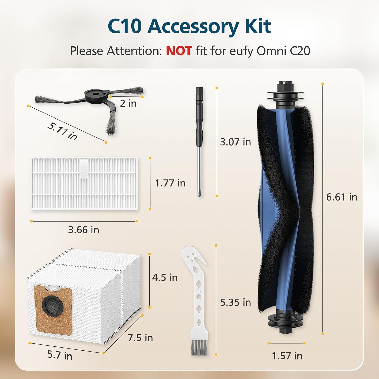 C10 Accessories for eufy C10 Robot Vacuum, 22 Pack Replacement Parts Include: 2* Main Rolling Brush, 6* Washable Filter, 6* Side Brush, 6* Dust Bag, 2* Cleaning Tool