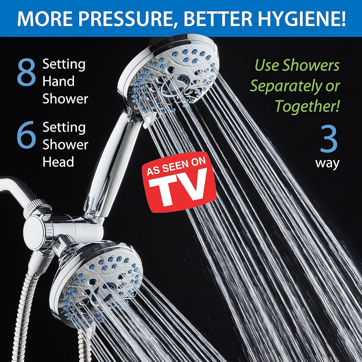 AquaCare As-Seen-On-TV High Pressure 48-setting Rain & Handheld 3-way Shower Head Combo - Anti-clog Nozzles/Tub, Tile & Pet Power Wash/Extra Long 6 ft. Hose/All Chrome Finish
