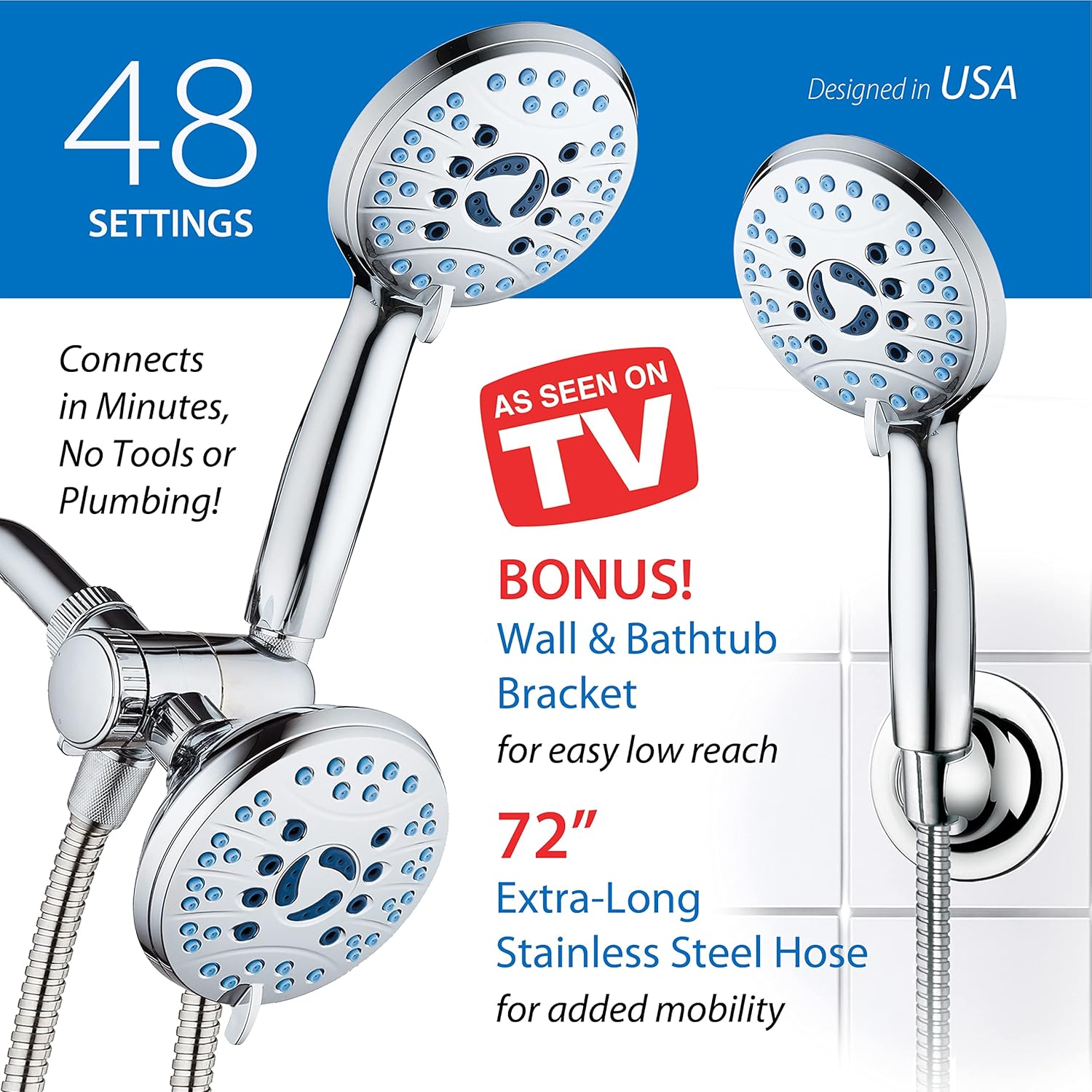 AquaCare As-Seen-On-TV High Pressure 48-setting Rain & Handheld 3-way Shower Head Combo - Anti-clog Nozzles/Tub, Tile & Pet Power Wash/Extra Long 6 ft. Hose/All Chrome Finish