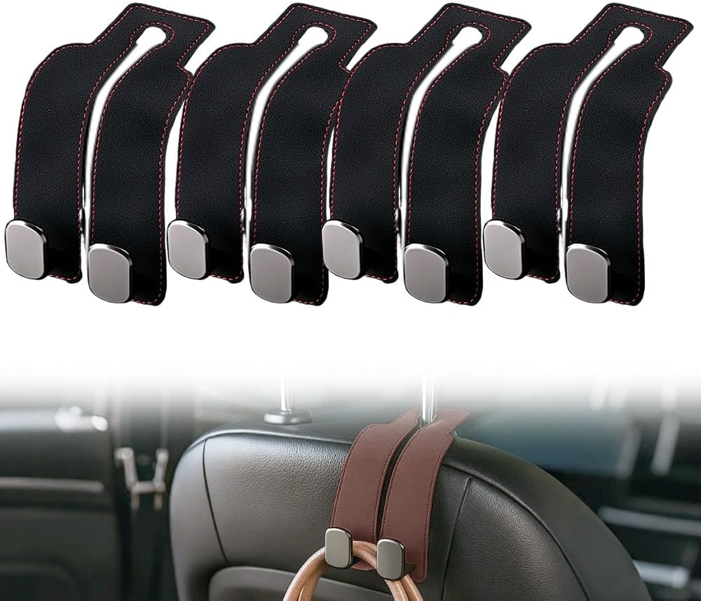 Headrest Hooks for Car Car Seat Hooks for Headrest,2026 Hooks for Purses and Bags Cute Car Purse Holder,Twinhook Leather Car Headrest Hangers Seat Back Organizers for Travel Black*4