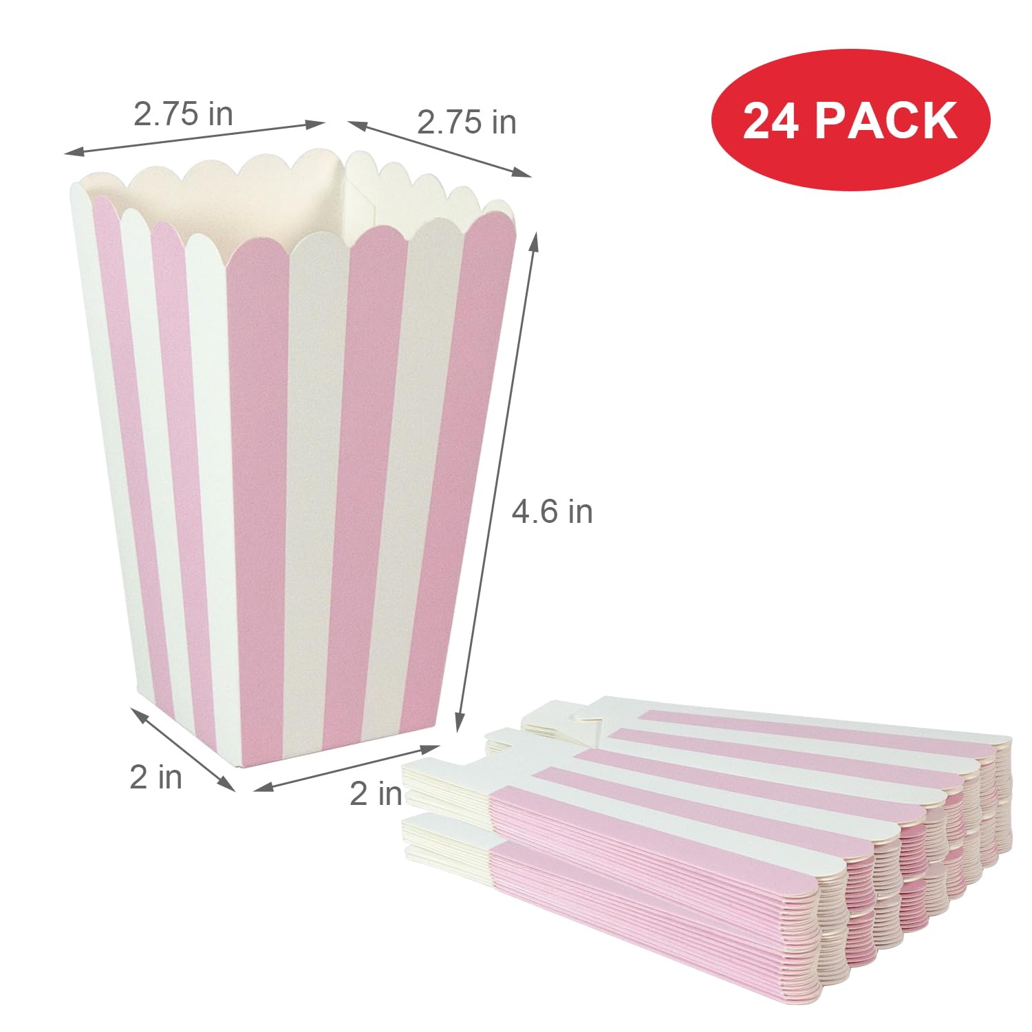 24 Pack Striped Popcorn Boxes - Carnival Parties Mini Paper Popcorn and Candy Containers, Party Supplies for Movie Nights Pink