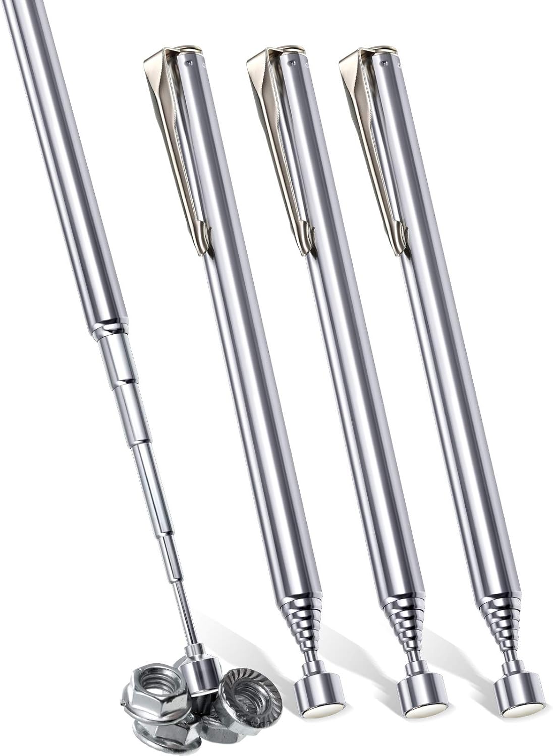 4 Pieces Telescoping Magnetic Pick up Tool Grabbers Reacher Tools with Pocket Clip 25 Inch Telescopic Retrieving Magnet Gift for Man, Father, Mechanic, Handyman, Husband Silver