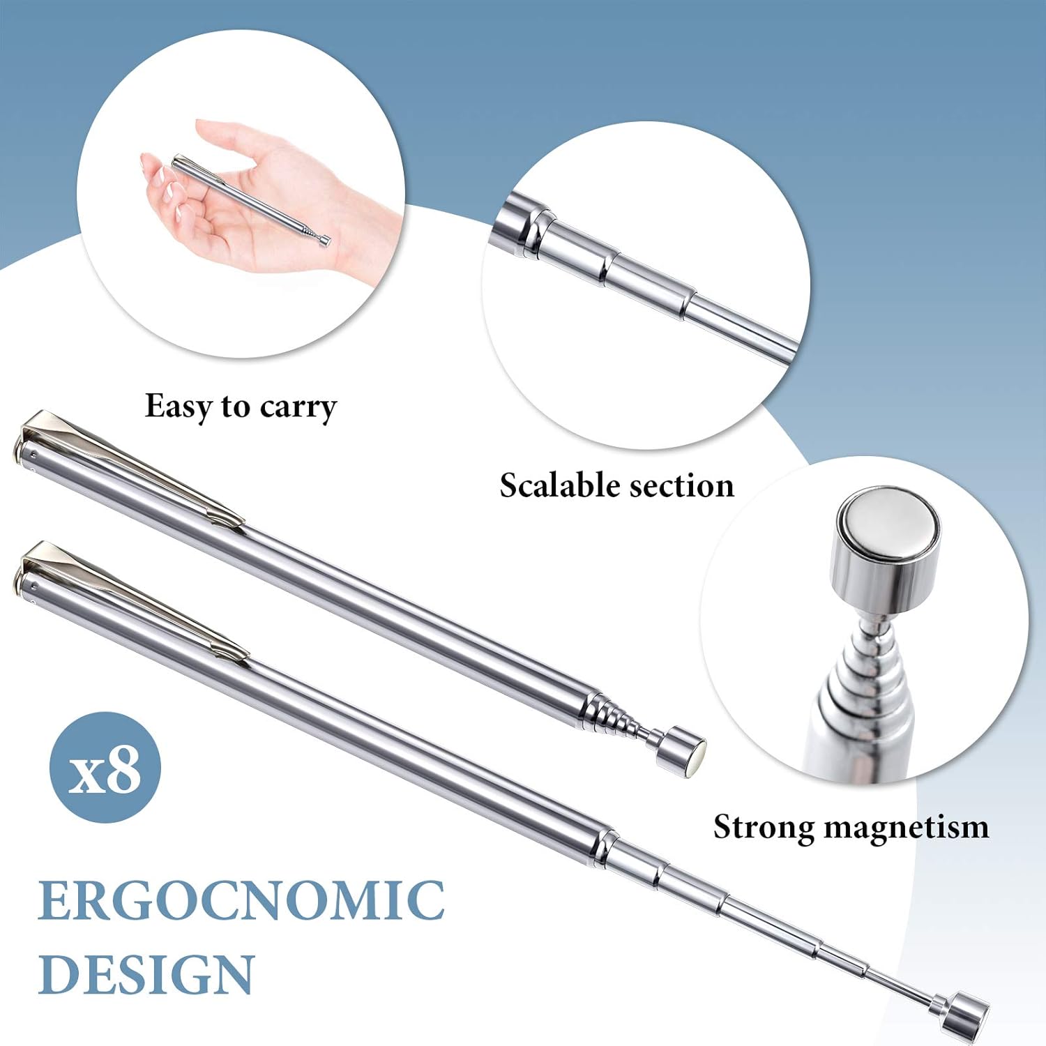 4 Pieces Telescoping Magnetic Pick up Tool Grabbers Reacher Tools with Pocket Clip 25 Inch Telescopic Retrieving Magnet Gift for Man, Father, Mechanic, Handyman, Husband Silver