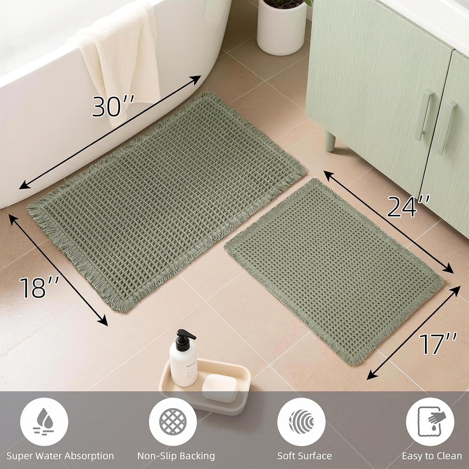 Set of 2 Waffle Bathroom Rugs, Super Absorbent Boho Bath Mats, Non-Slip Shower Mats for Bathroom Floor and Tub, Ultra Soft Waffle Weave Runner Mat, Quick Dry, Olive Green, 17x24+18x30 Inch