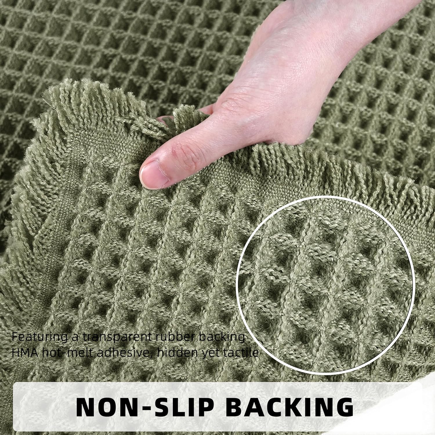 Set of 2 Waffle Bathroom Rugs, Super Absorbent Boho Bath Mats, Non-Slip Shower Mats for Bathroom Floor and Tub, Ultra Soft Waffle Weave Runner Mat, Quick Dry, Olive Green, 17x24+18x30 Inch