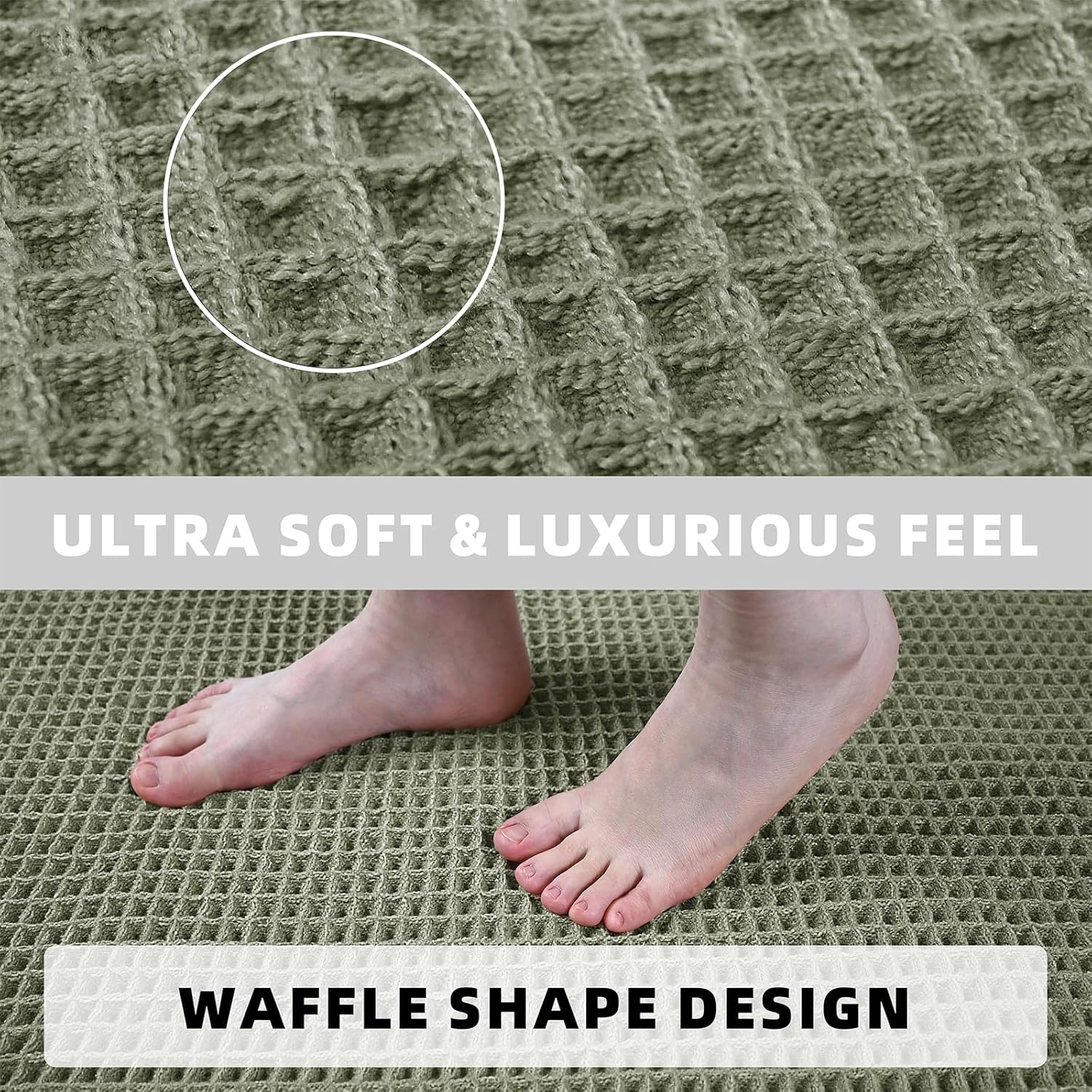 Set of 2 Waffle Bathroom Rugs, Super Absorbent Boho Bath Mats, Non-Slip Shower Mats for Bathroom Floor and Tub, Ultra Soft Waffle Weave Runner Mat, Quick Dry, Olive Green, 17x24+18x30 Inch