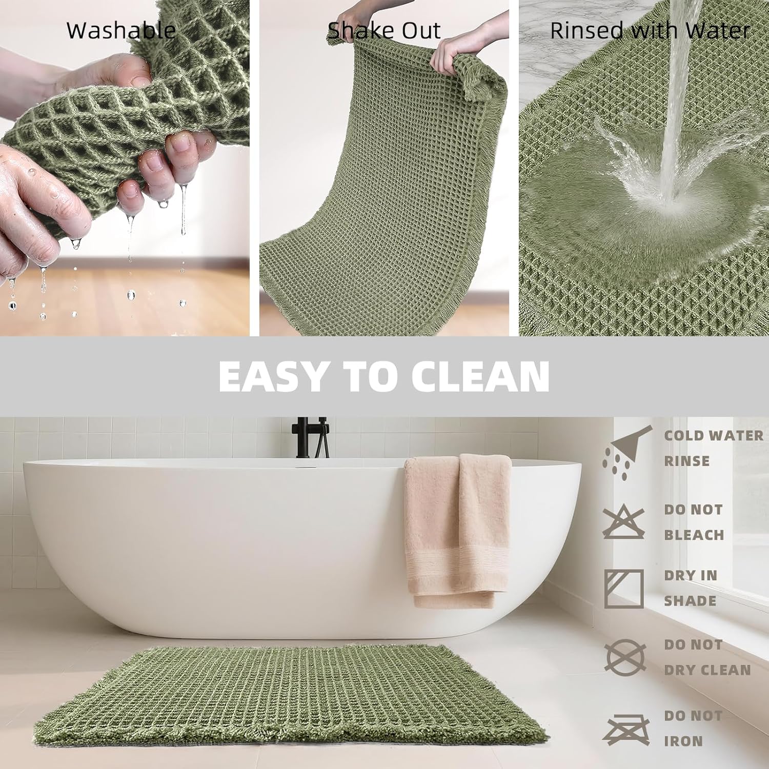 Set of 2 Waffle Bathroom Rugs, Super Absorbent Boho Bath Mats, Non-Slip Shower Mats for Bathroom Floor and Tub, Ultra Soft Waffle Weave Runner Mat, Quick Dry, Olive Green, 17x24+18x30 Inch