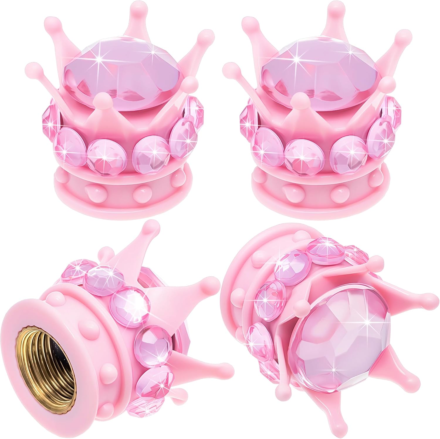 4PCS Crown Bling Tire Stem Valve Caps, Crystal Diamond Car Wheel Tire Valve Caps Universal Copper Core Stem Covers for Cars, SUV, Trucks, Bikes, Motorcycles, Bicycles Pink