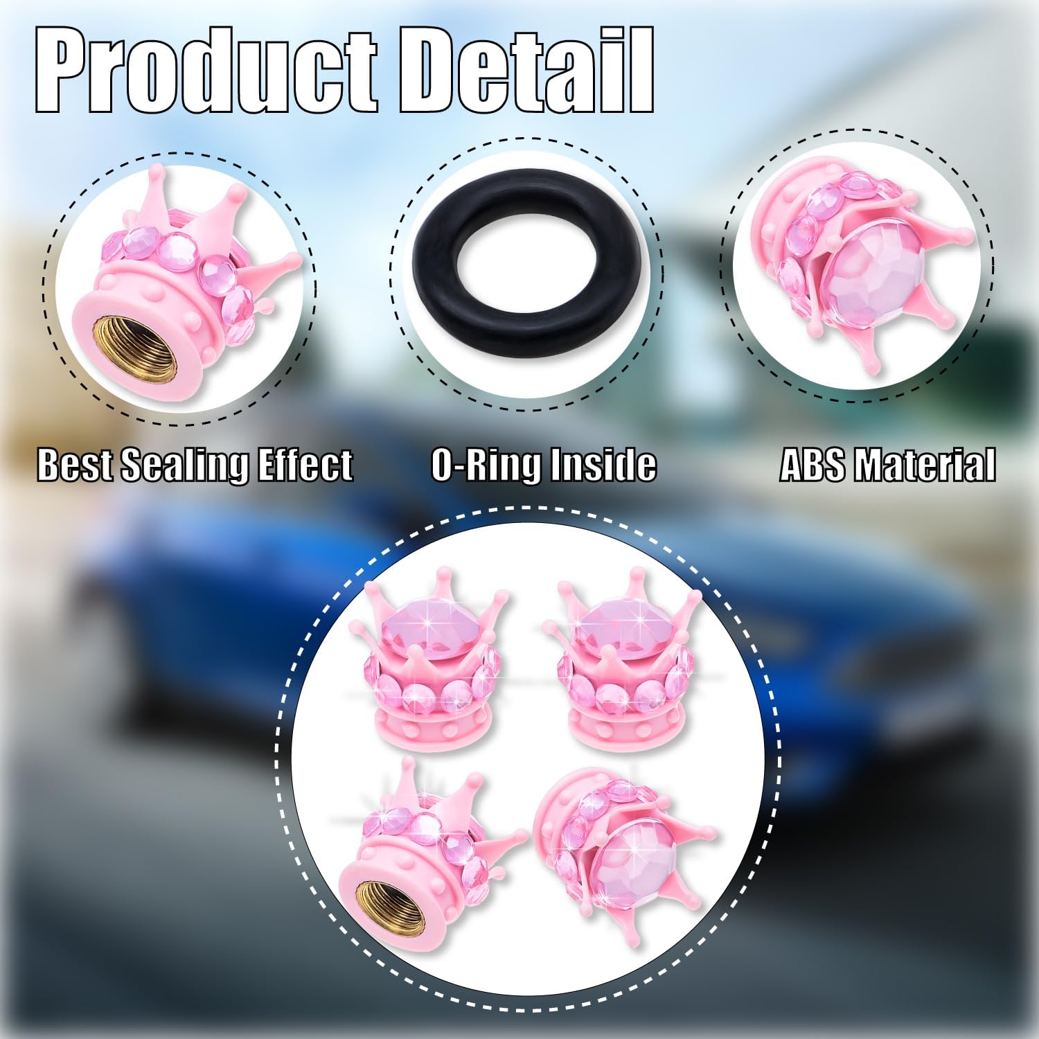 4PCS Crown Bling Tire Stem Valve Caps, Crystal Diamond Car Wheel Tire Valve Caps Universal Copper Core Stem Covers for Cars, SUV, Trucks, Bikes, Motorcycles, Bicycles Pink
