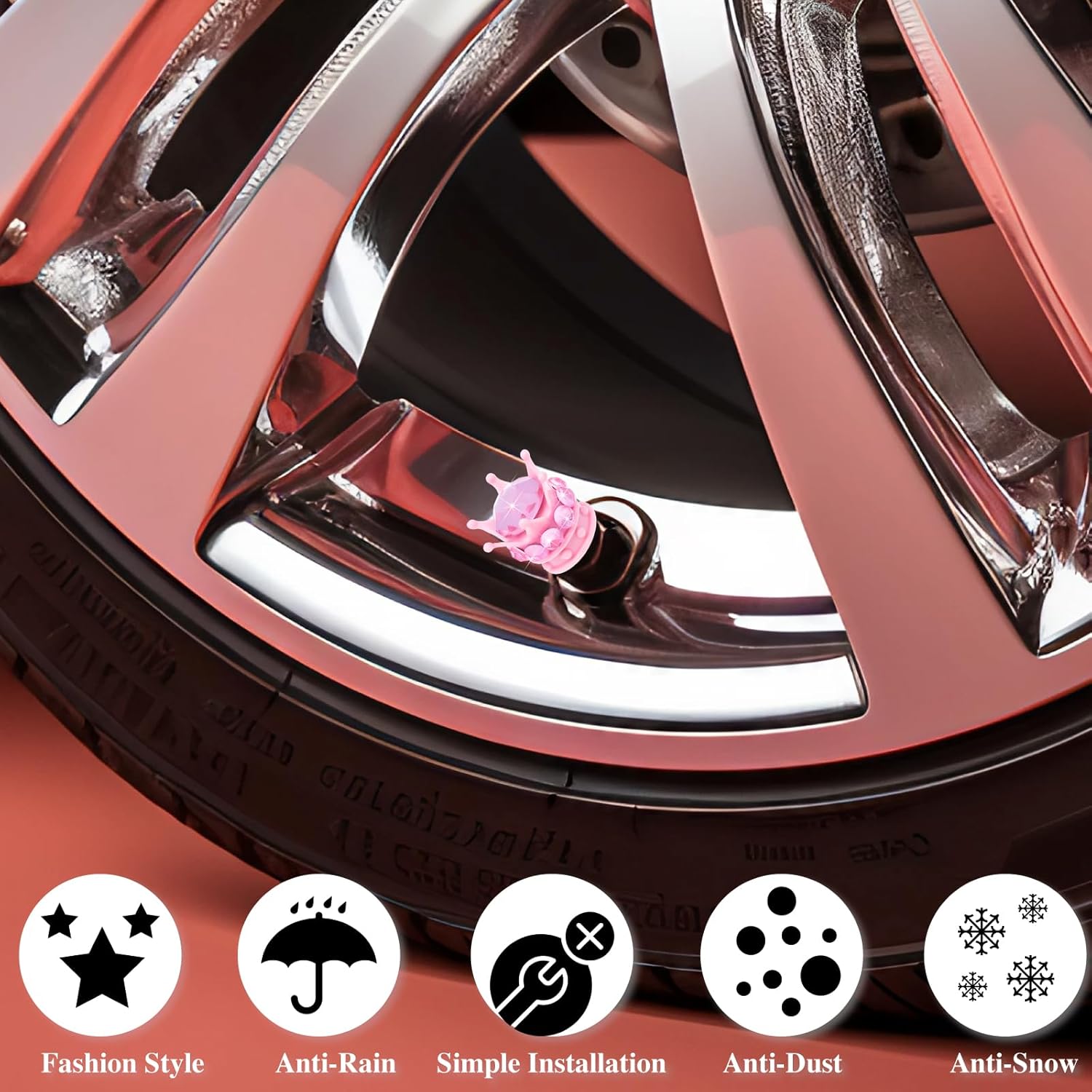 4PCS Crown Bling Tire Stem Valve Caps, Crystal Diamond Car Wheel Tire Valve Caps Universal Copper Core Stem Covers for Cars, SUV, Trucks, Bikes, Motorcycles, Bicycles Pink