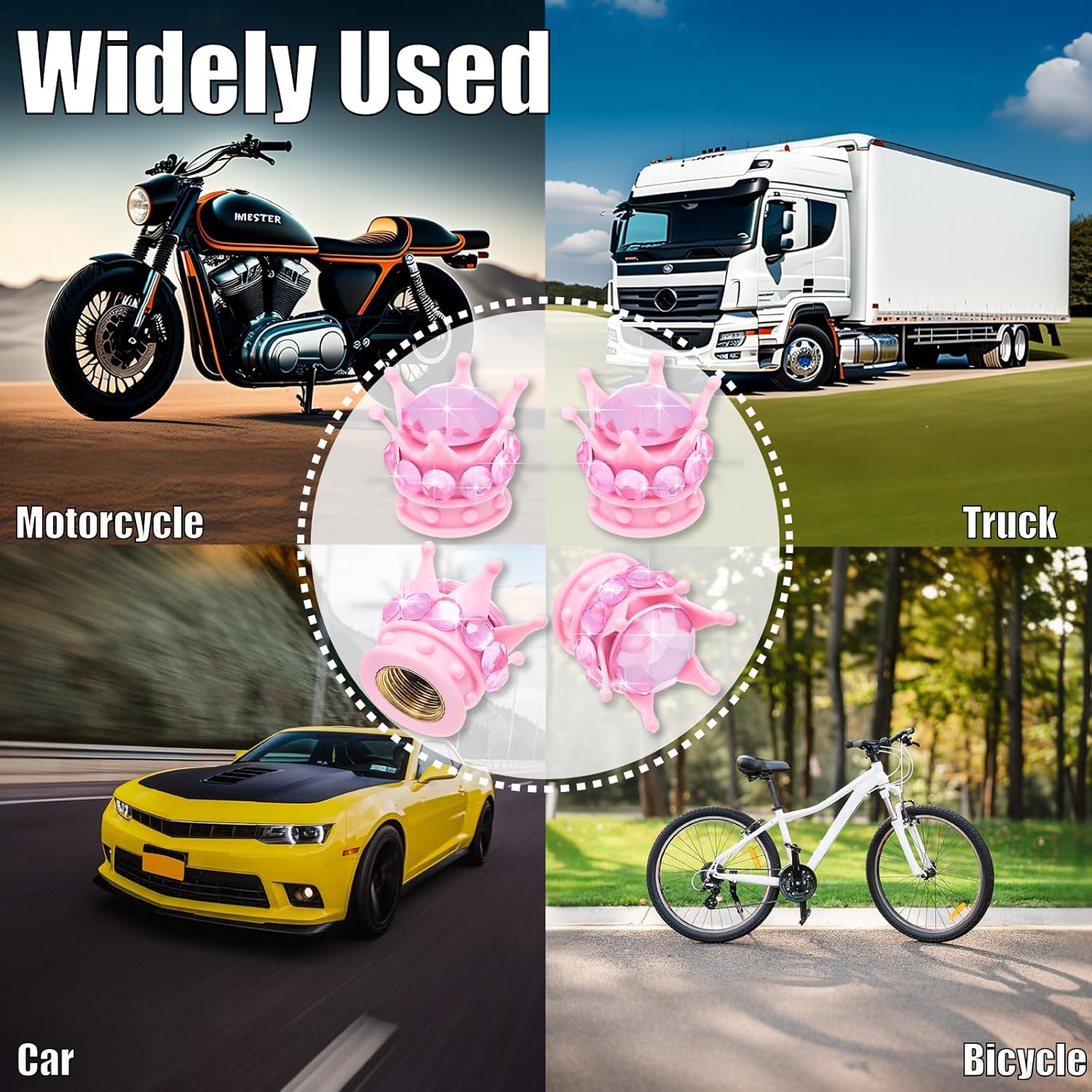 4PCS Crown Bling Tire Stem Valve Caps, Crystal Diamond Car Wheel Tire Valve Caps Universal Copper Core Stem Covers for Cars, SUV, Trucks, Bikes, Motorcycles, Bicycles Pink