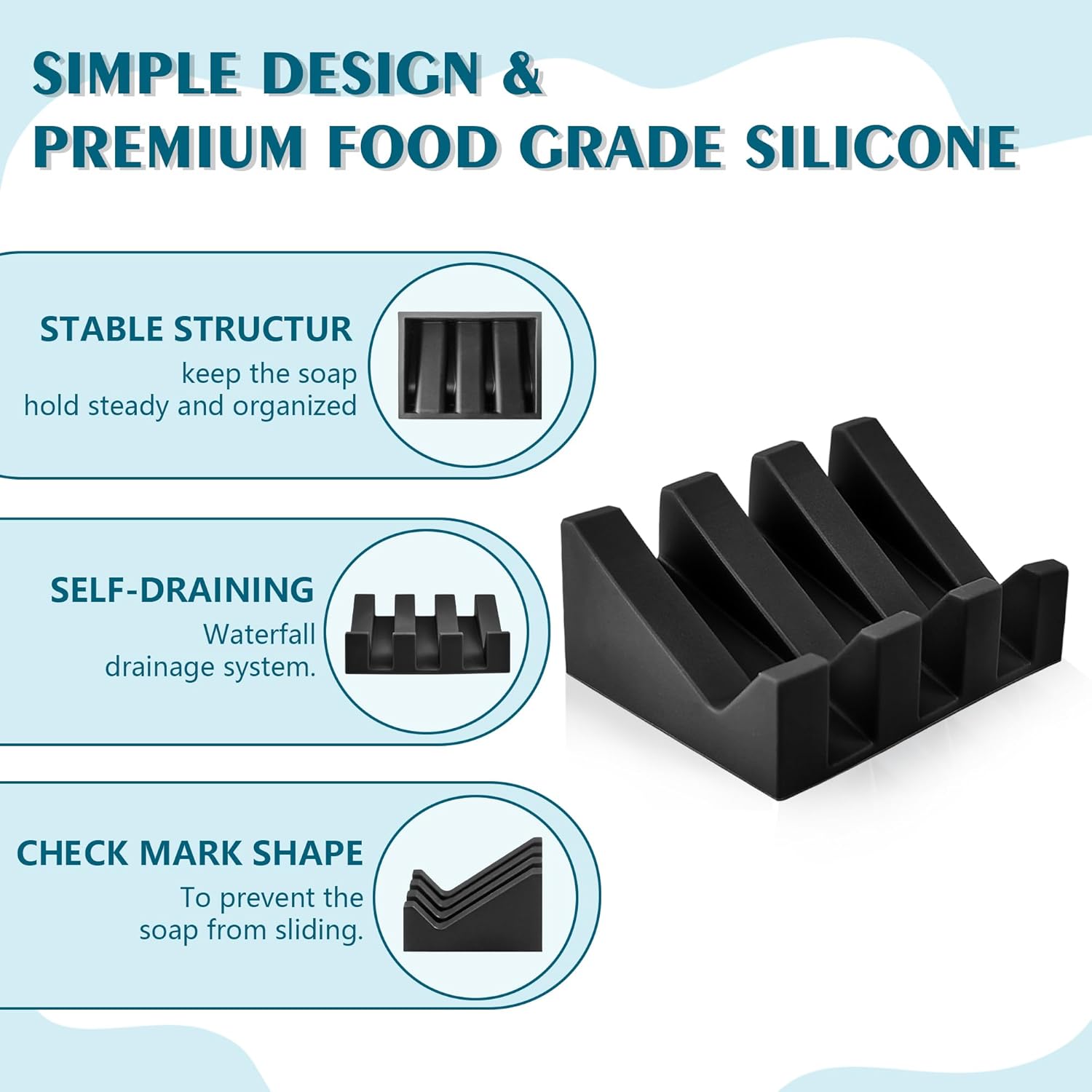 Self Draining Soap Dish Holder,Silicone Soap Dish,for Bathroom,Kitchen, Sponges，Can Extend Soap Life，Keep Soap Bars Dry and Easy Cleaning Black,1-Pack