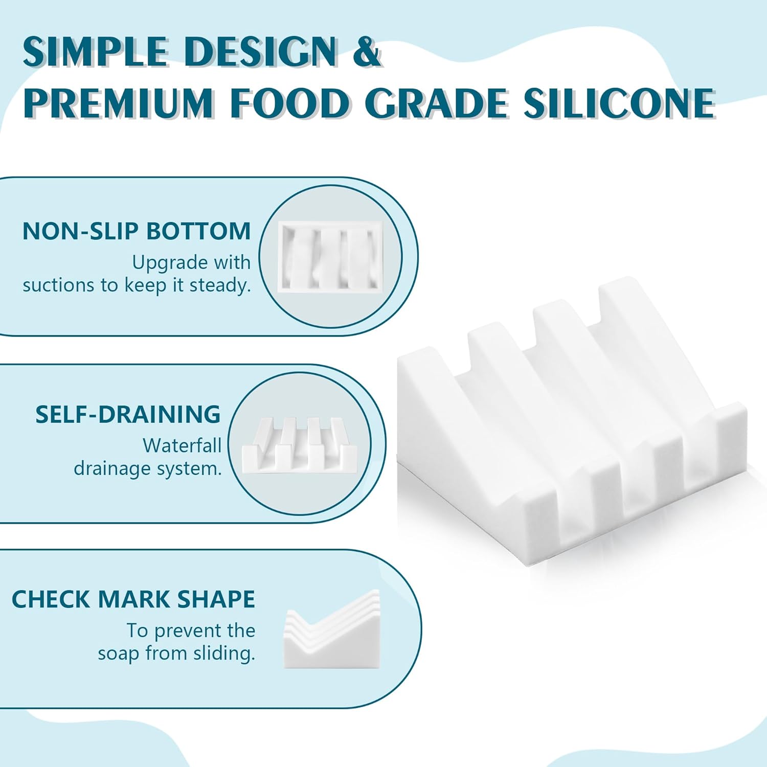 Self Draining Soap Dish Holder,Silicone Soap Dish,for Bathroom,Kitchen, Sponges，Can Extend Soap Life，Keep Soap Bars Dry and Easy Cleaning White,1-Pack