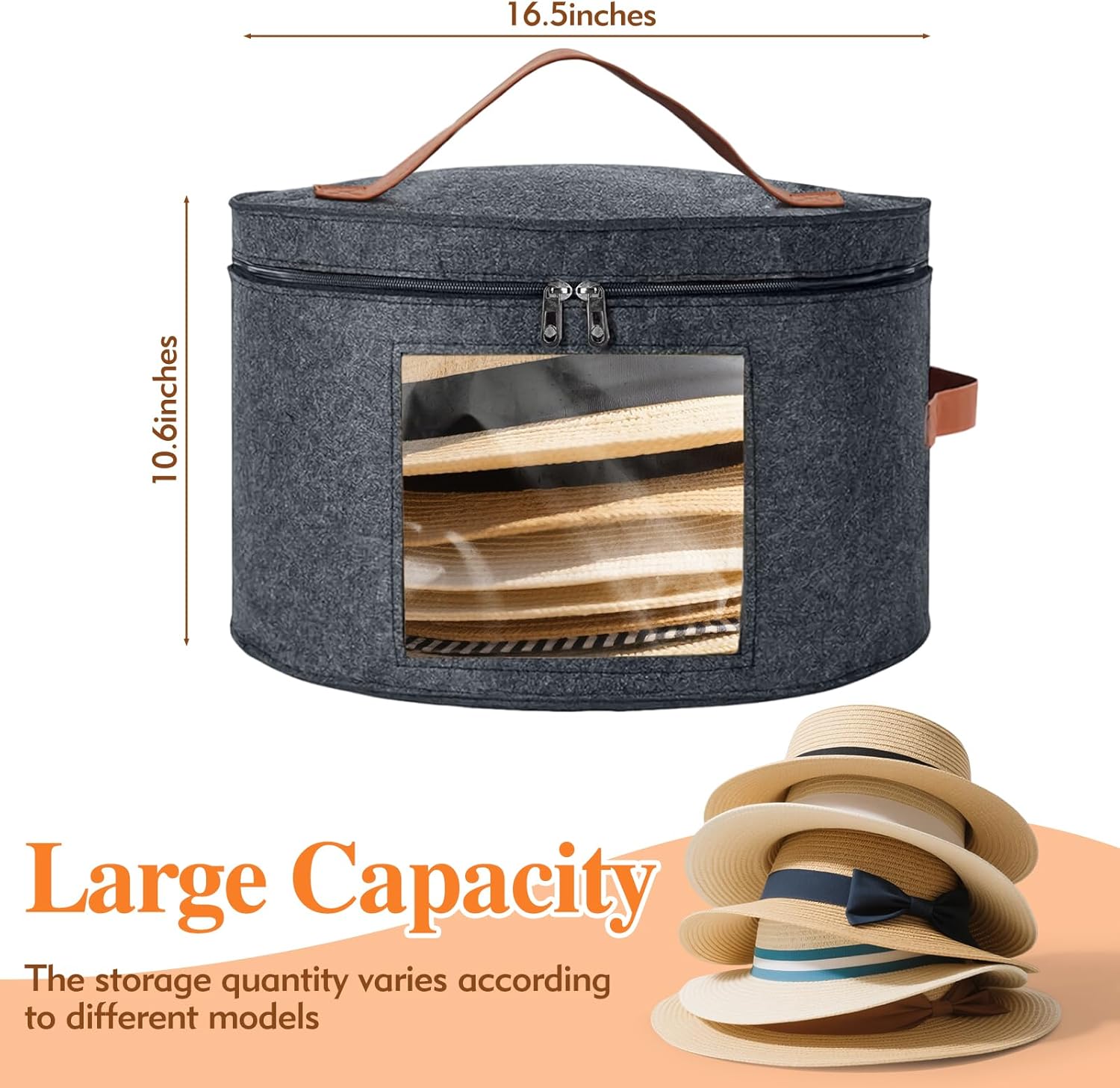 Round Hat Box, Stackable Felt Hat Boxes for Women Storage, Foldable Premium Hat Travel Case with Dustproof Lid, Space Saving Hat Organizer Grey