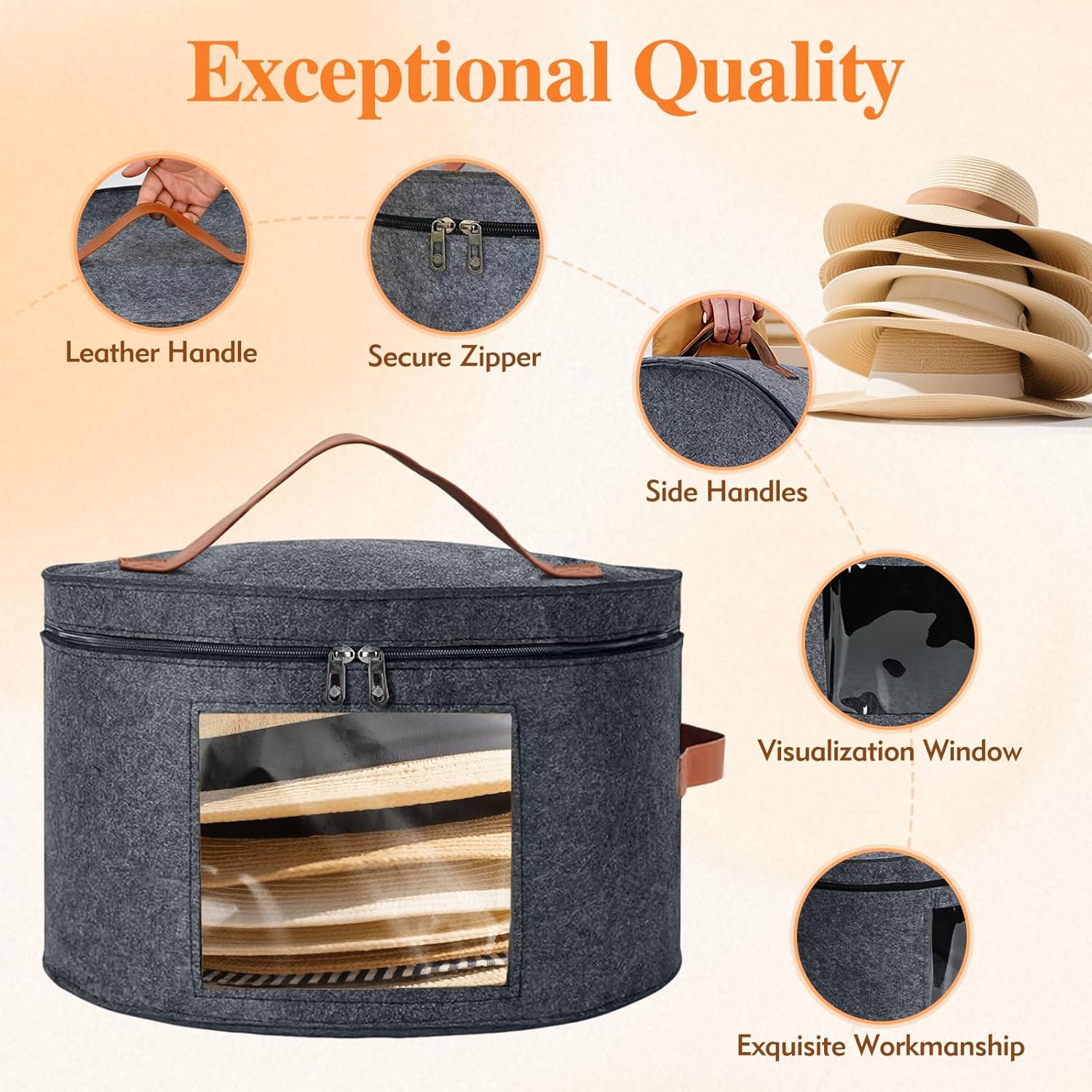Round Hat Box, Stackable Felt Hat Boxes for Women Storage, Foldable Premium Hat Travel Case with Dustproof Lid, Space Saving Hat Organizer Grey