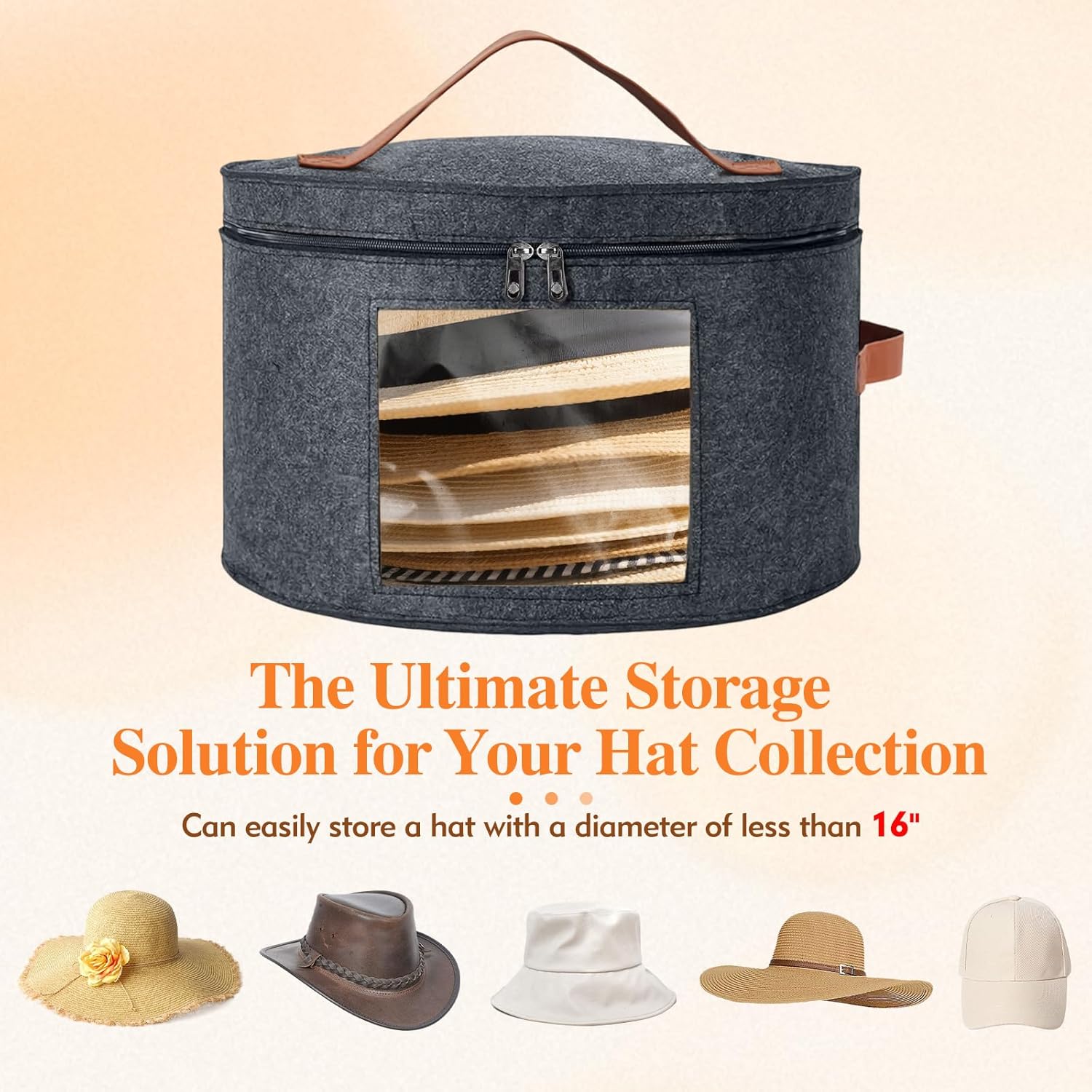 Round Hat Box, Stackable Felt Hat Boxes for Women Storage, Foldable Premium Hat Travel Case with Dustproof Lid, Space Saving Hat Organizer Grey