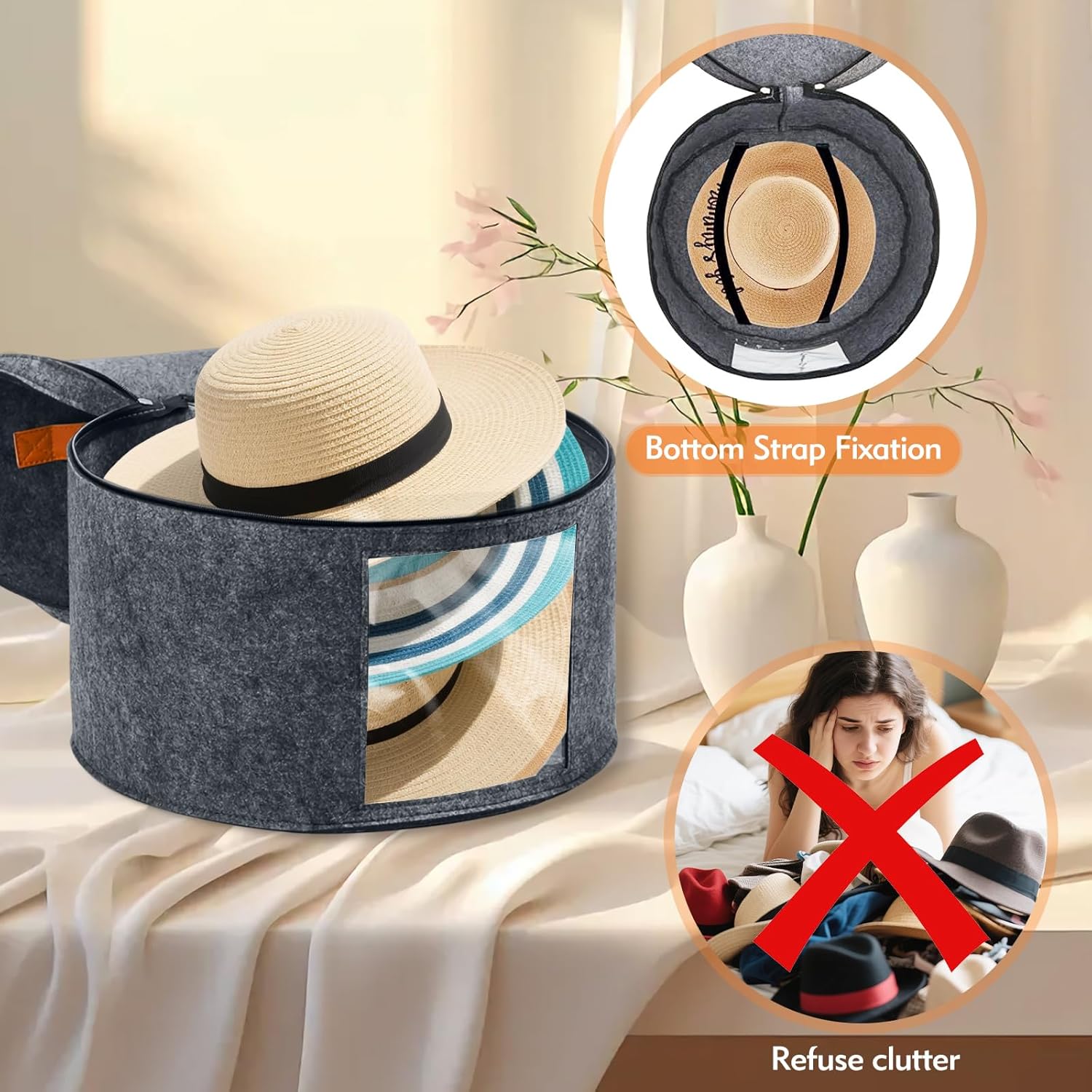 Round Hat Box, Stackable Felt Hat Boxes for Women Storage, Foldable Premium Hat Travel Case with Dustproof Lid, Space Saving Hat Organizer Grey