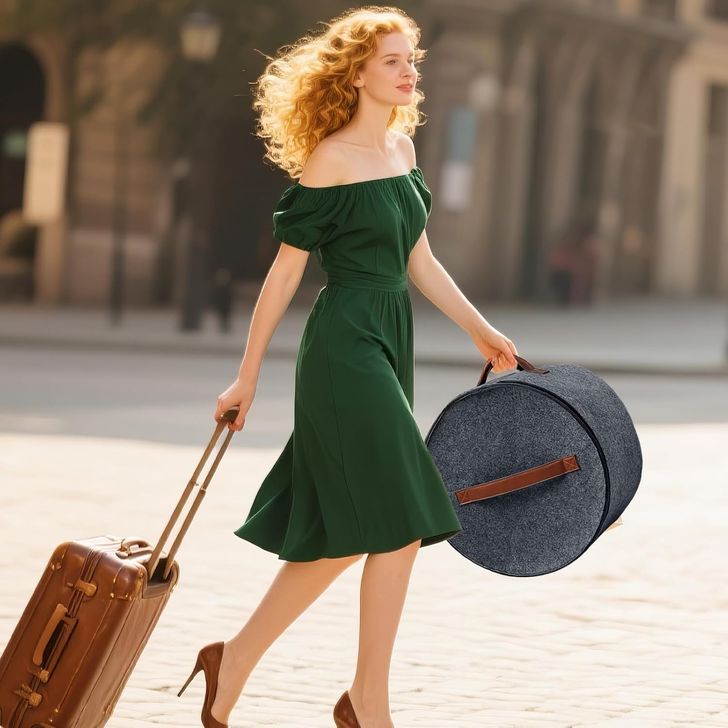 Round Hat Box, Stackable Felt Hat Boxes for Women Storage, Foldable Premium Hat Travel Case with Dustproof Lid, Space Saving Hat Organizer Grey