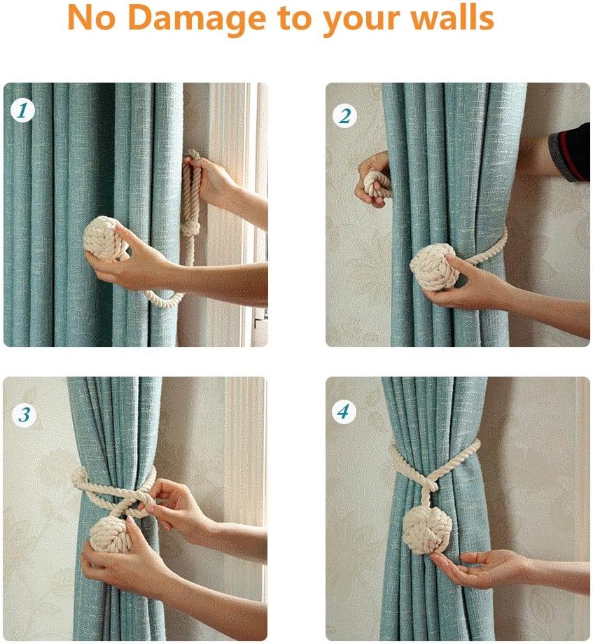 4 Pack Curtain Tiebacks - Heavy Duty Curtain Rope Tieback, Handmade Rural Decorative Curtain Holdbacks Beige