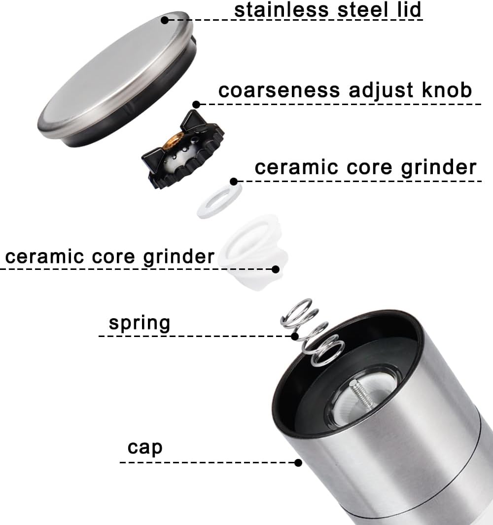 ® Salt and Pepper Grinder Set, Pepper Mill, Sea Salt Shaker Grinder Refillable, Adjustable Coarseness, Stainless Steel with Ceramic Rotor Seasoning not included