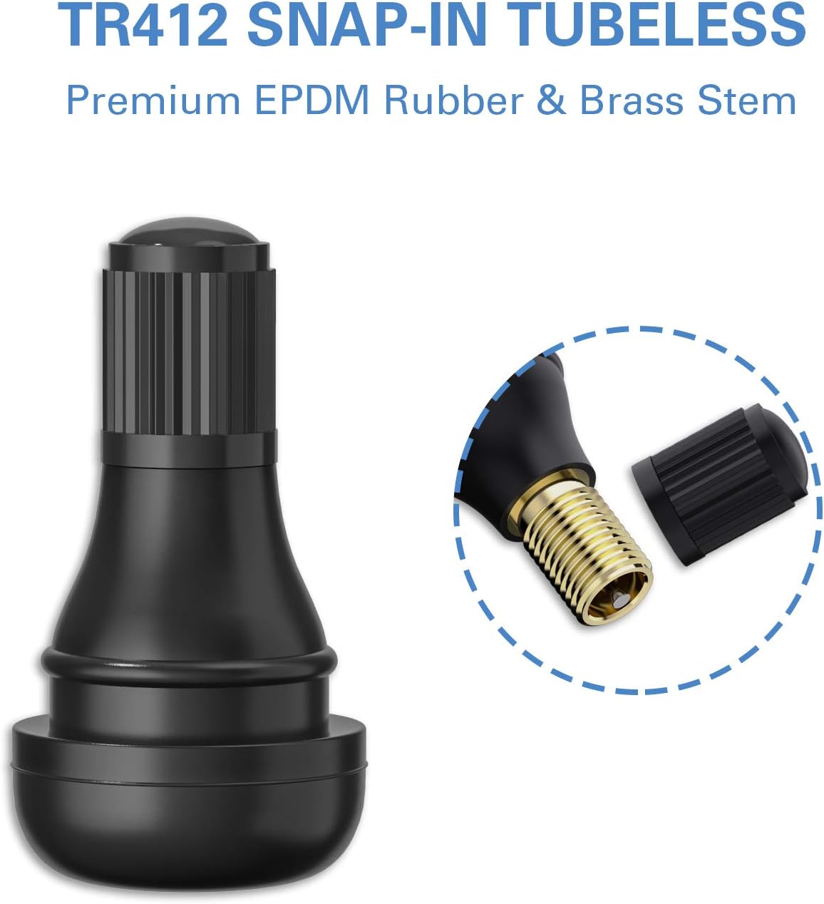 TR412 Rubber Snap-in Short Black Tire Valve Stem for Tubeless 0.453 Inch 11.5mm Rim Holes on Standard Vehicle Tires 5pcs/Bag