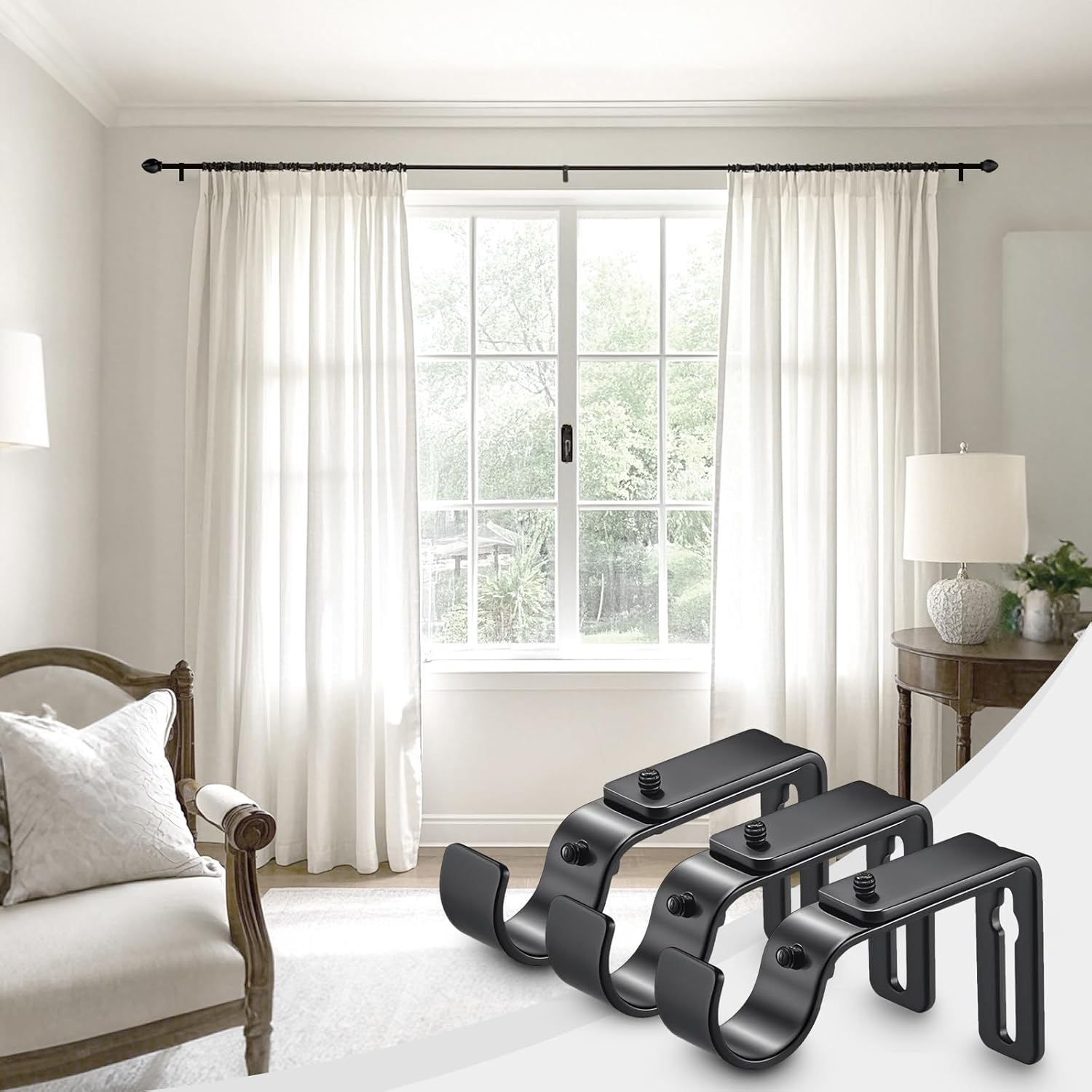 Curtain Rod Bracket Adjustable, Drapery Rod Holder Hooks Support Hangers for 1 inch Diameter Window Curtain Rods Black, 3-Pack