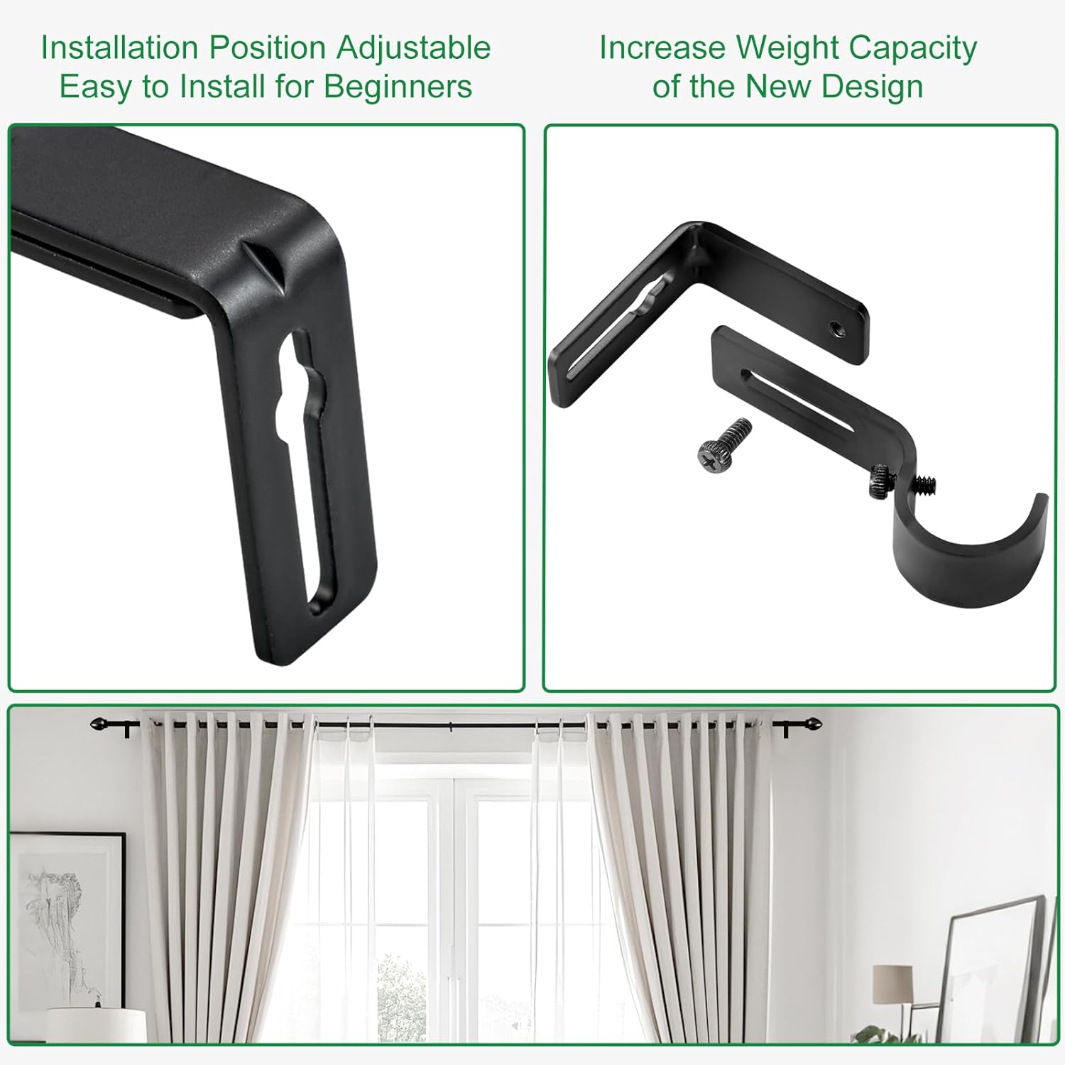 Curtain Rod Bracket Adjustable, Drapery Rod Holder Hooks Support Hangers for 1 inch Diameter Window Curtain Rods Black, 3-Pack