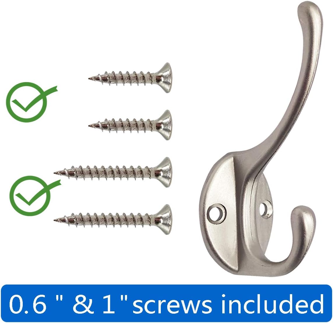 10 Pack Dual Coat Hooks Wall Mounted with 40 Screws Retro Double Hooks Utility Silvery Hooks for Coat, Scarf, Bag, Towel, Key, Cap, Cup, Hat Silvery