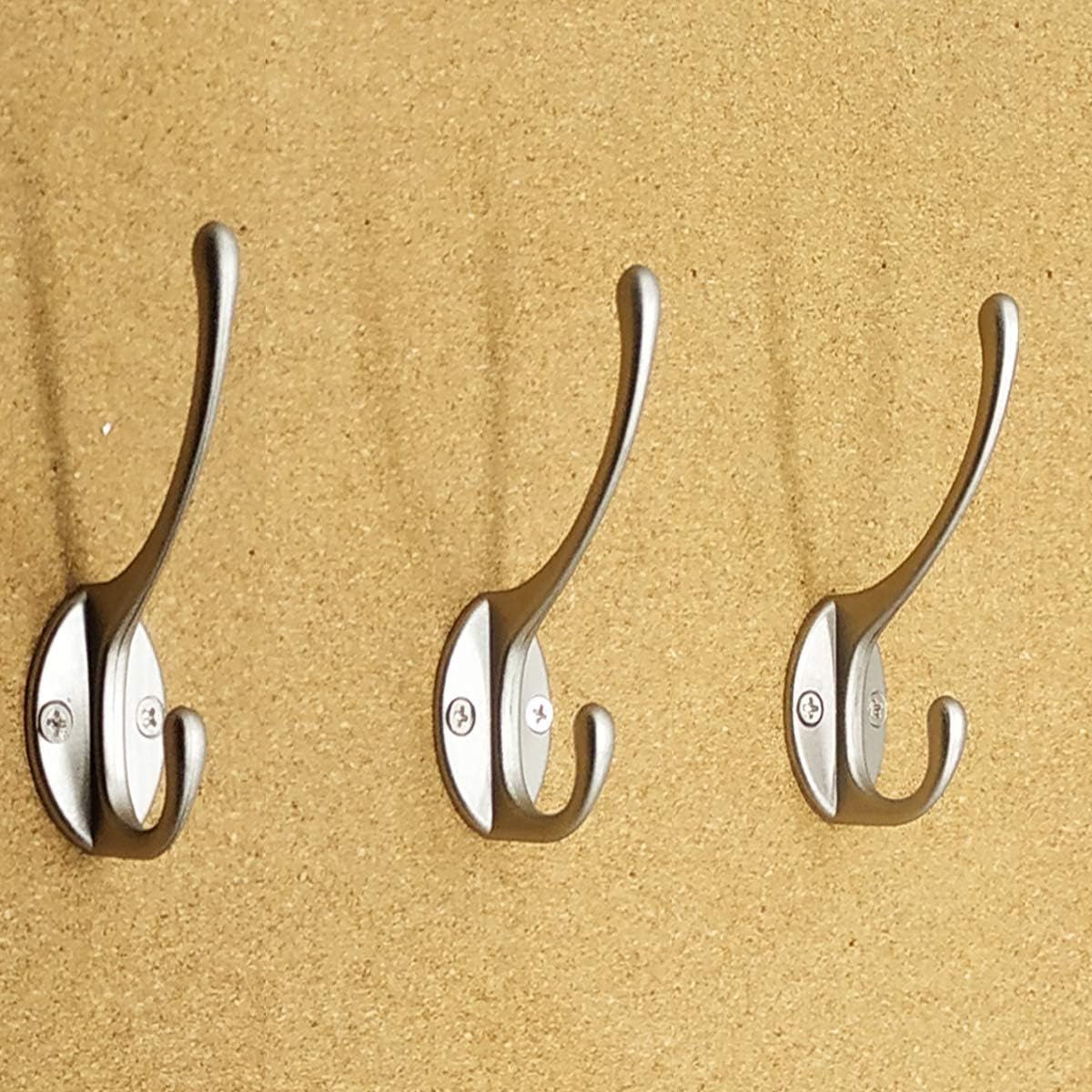 10 Pack Dual Coat Hooks Wall Mounted with 40 Screws Retro Double Hooks Utility Silvery Hooks for Coat, Scarf, Bag, Towel, Key, Cap, Cup, Hat Silvery