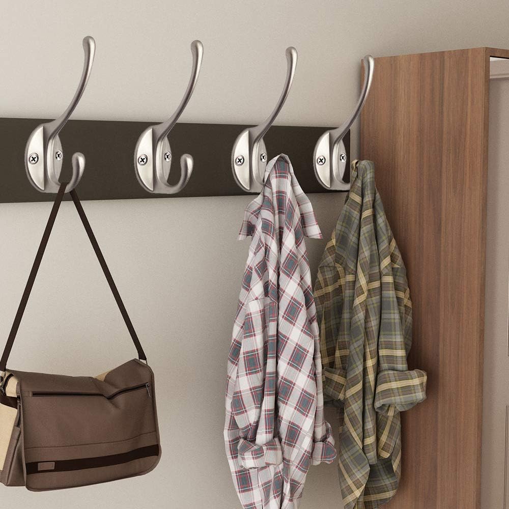 10 Pack Dual Coat Hooks Wall Mounted with 40 Screws Retro Double Hooks Utility Silvery Hooks for Coat, Scarf, Bag, Towel, Key, Cap, Cup, Hat Silvery