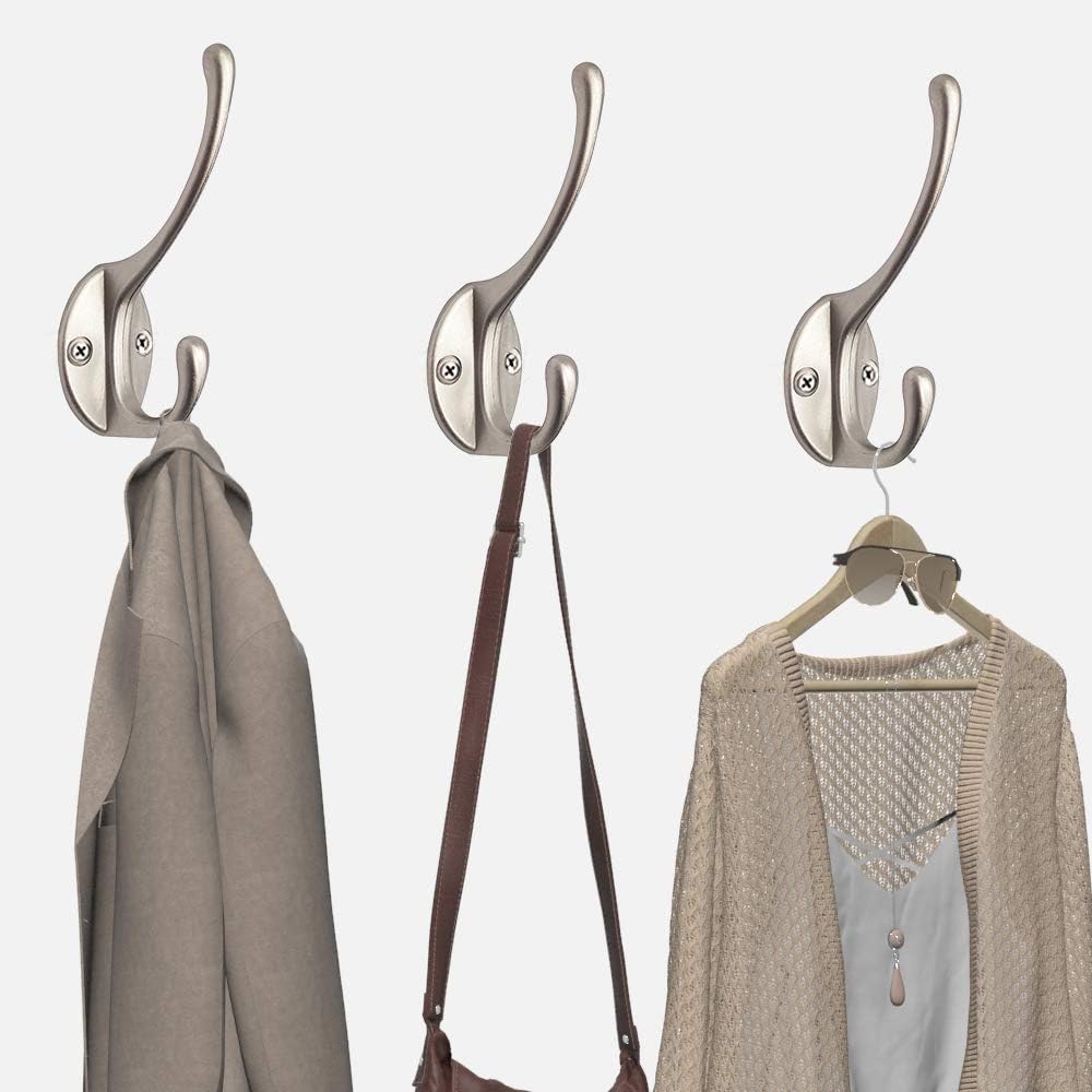 10 Pack Dual Coat Hooks Wall Mounted with 40 Screws Retro Double Hooks Utility Silvery Hooks for Coat, Scarf, Bag, Towel, Key, Cap, Cup, Hat Silvery
