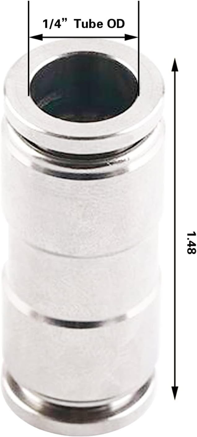 1/4 Union Straight Push to connect fittings Stainless Steel Pneumatic Push Connectors, 1/4" x 1/4" OD Tube Quick Connect Fittings Air Line Fittings for 1/4 inch Tube 2Pack
